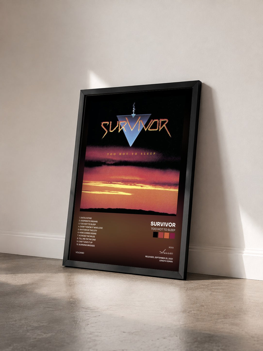 #noir Tableau de l'album Too Hot to Sleep de Survivor vu de trois quarts, cadre noir