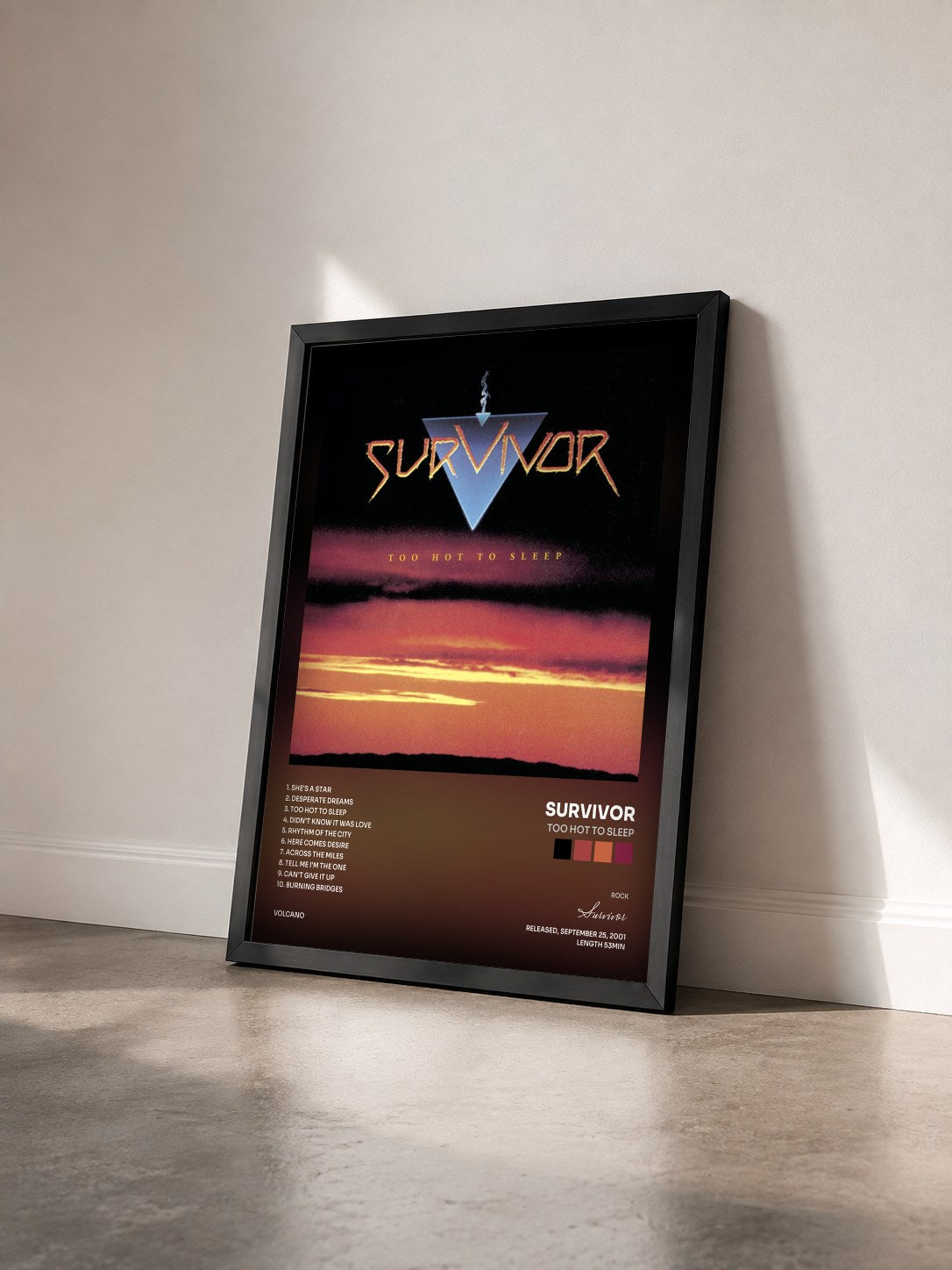 #noir Tableau de l'album Too Hot to Sleep de Survivor vu de trois quarts, cadre noir