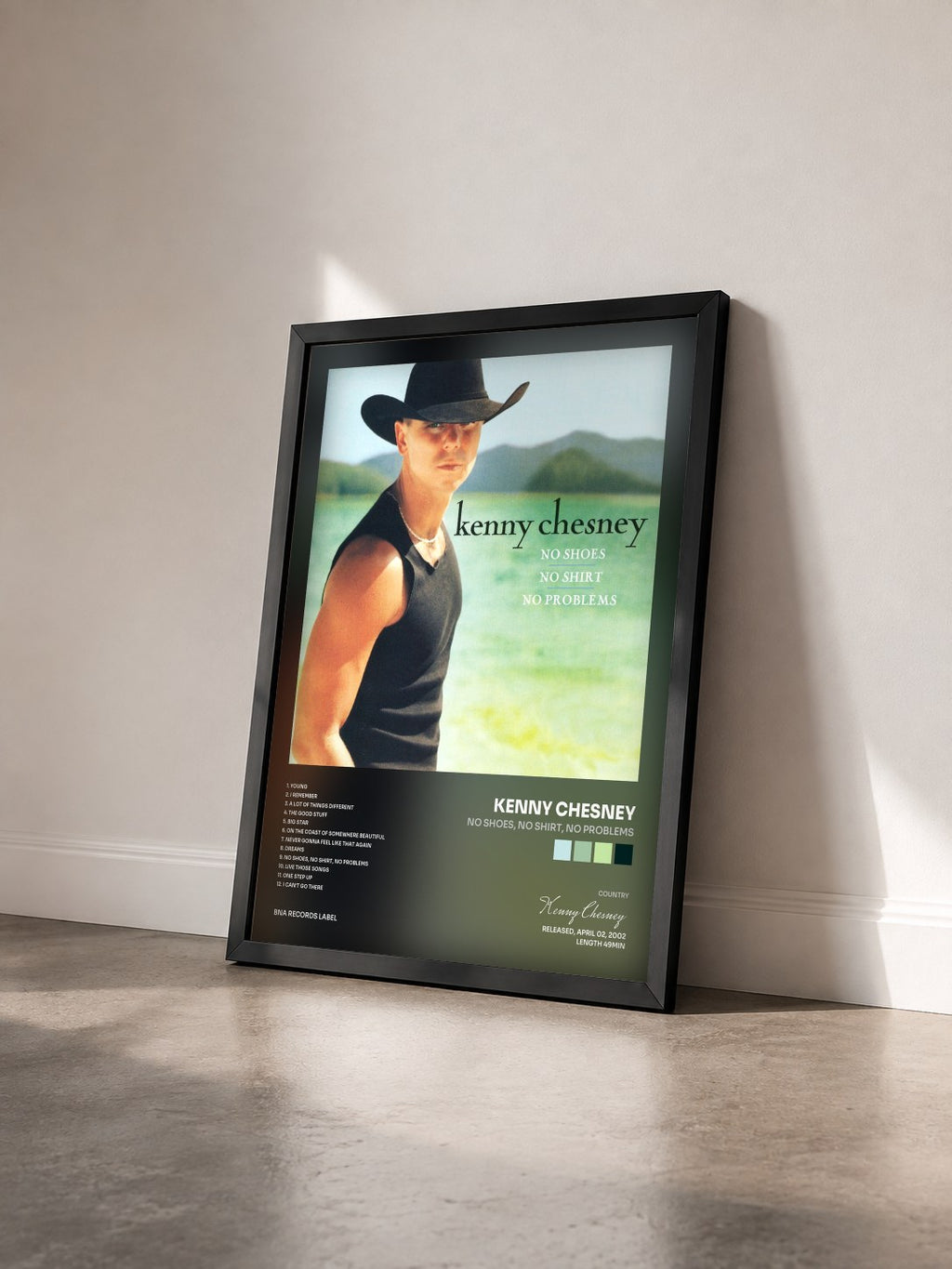 #noir Tableau de l'album No Shoes, No Shirt, No Problems de Kenny Chesney vu de trois quarts, cadre noir