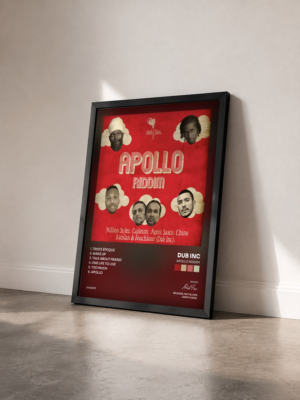 #noir Tableau de l'album Apollo Riddim de Dub Inc vu de trois quarts, cadre noir