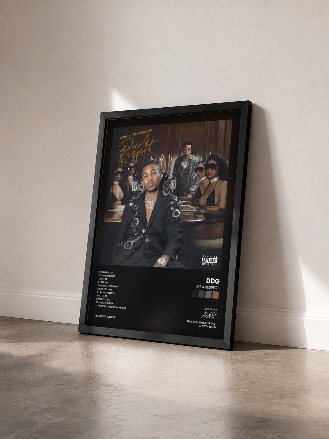 #noir Tableau de l'album Die 4 Respect de DDG vu de trois quarts, cadre noir