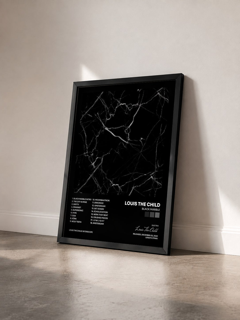 #noir Tableau de l'album Black Marble de Louis The Child vu de trois quarts, cadre noir
