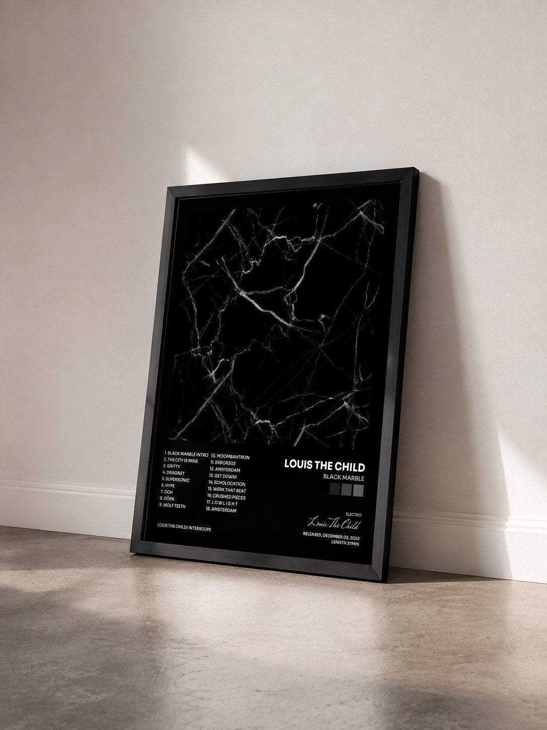 #noir Tableau de l'album Black Marble de Louis The Child vu de trois quarts, cadre noir