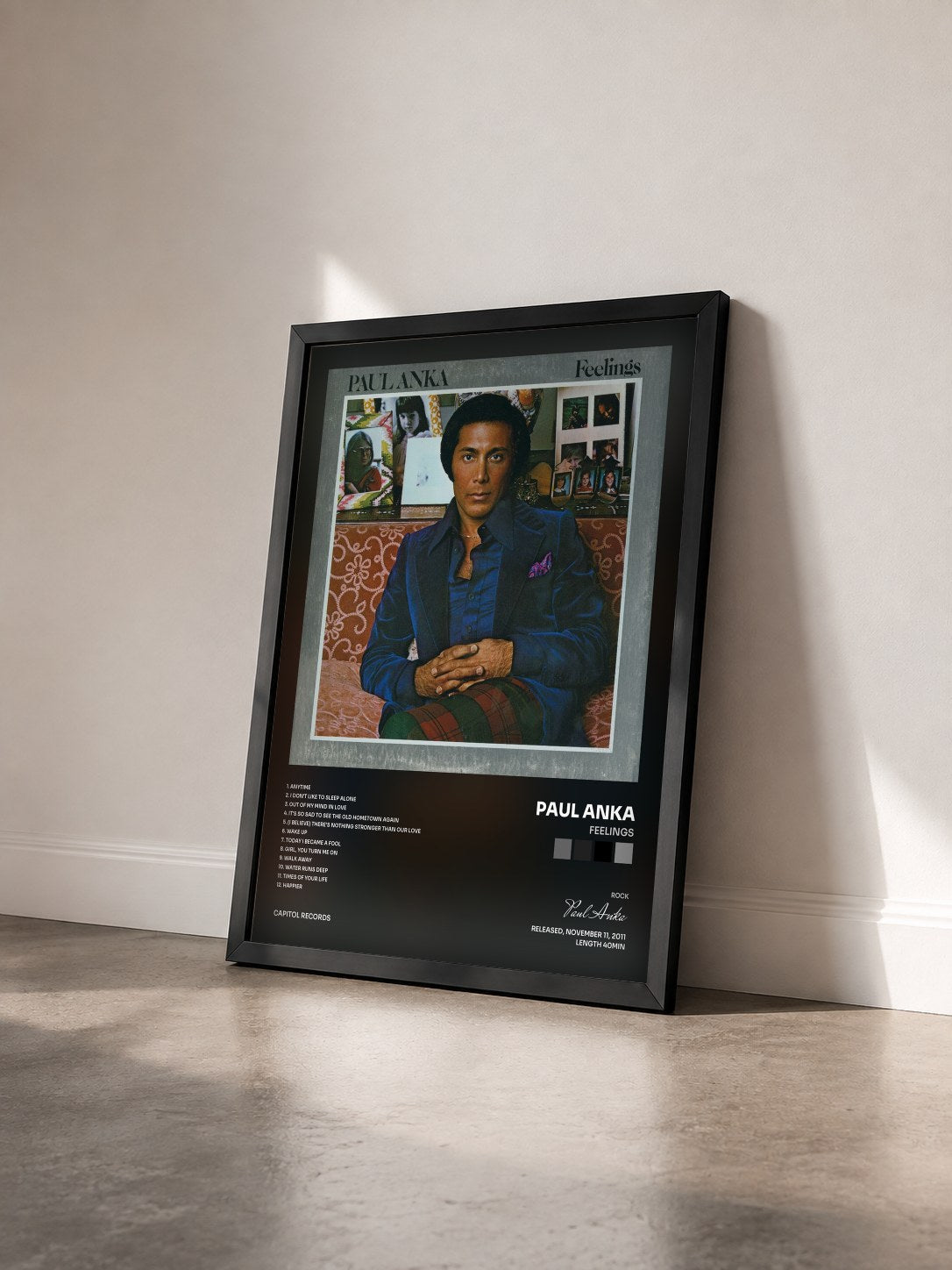 #noir Tableau de l'album Feelings de Paul Anka vu de trois quarts, cadre noir