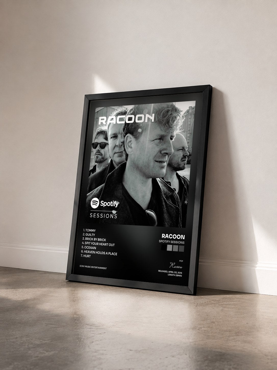 #noir Tableau de l'album Spotify Sessions de Racoon vu de trois quarts, cadre noir