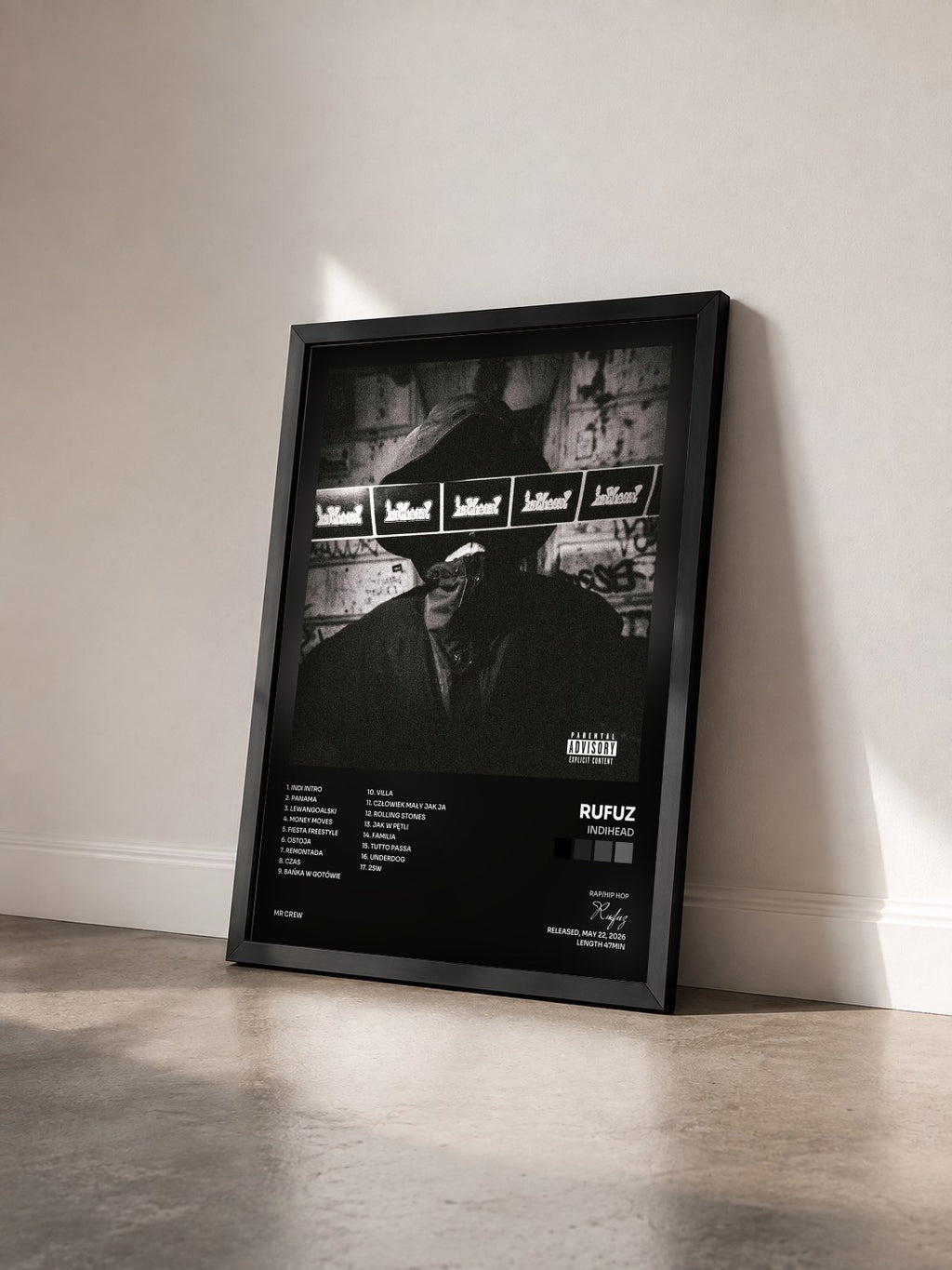 #noir Tableau de l'album INDIHEAD de Rufuz vu de trois quarts, cadre noir