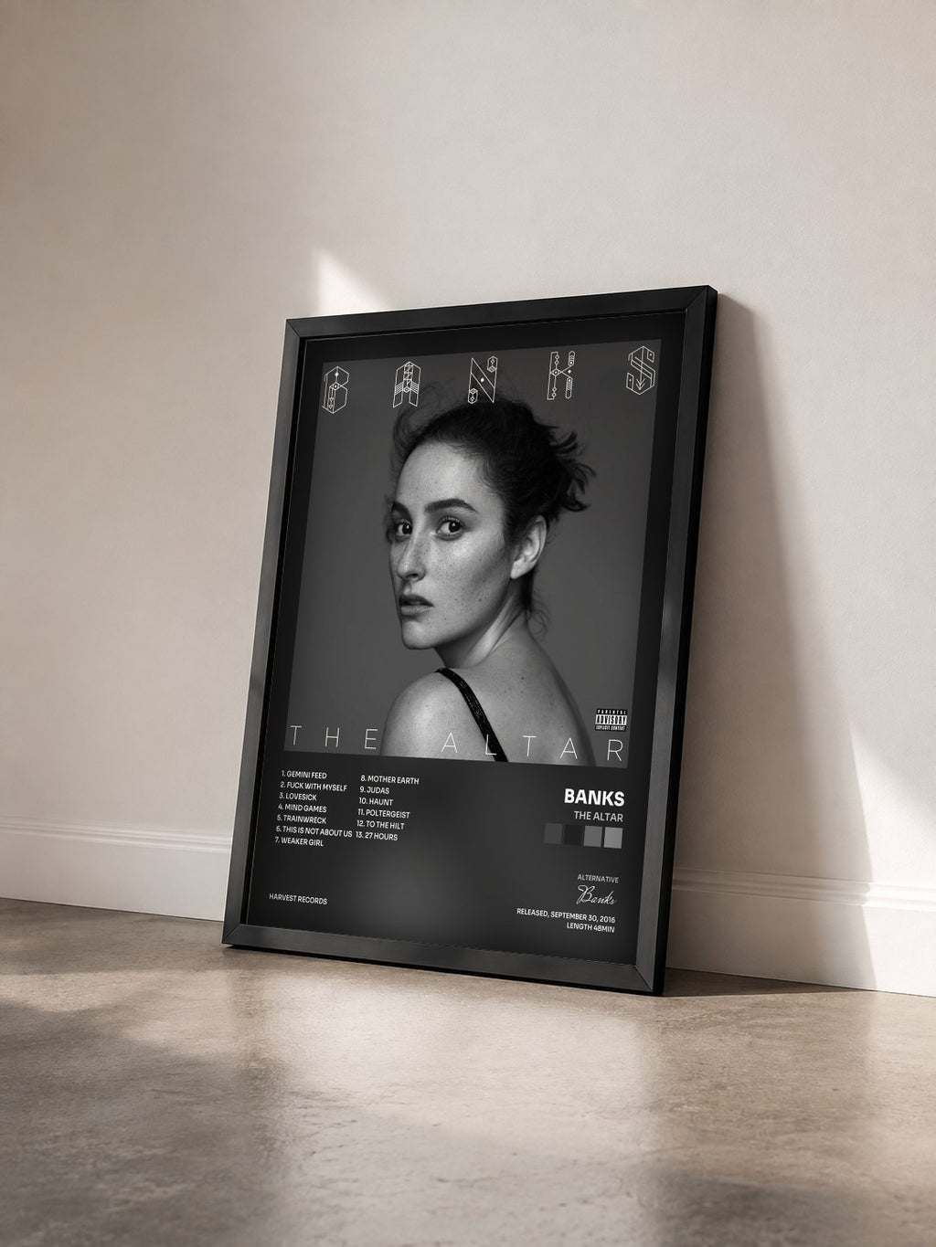 #noir Tableau de l'album The Altar de Banks vu de trois quarts, cadre noir