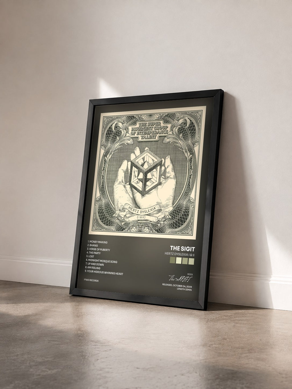 #noir Tableau de l'album Hertz Dyslexia I & II de The SIGIT vu de trois quarts, cadre noir