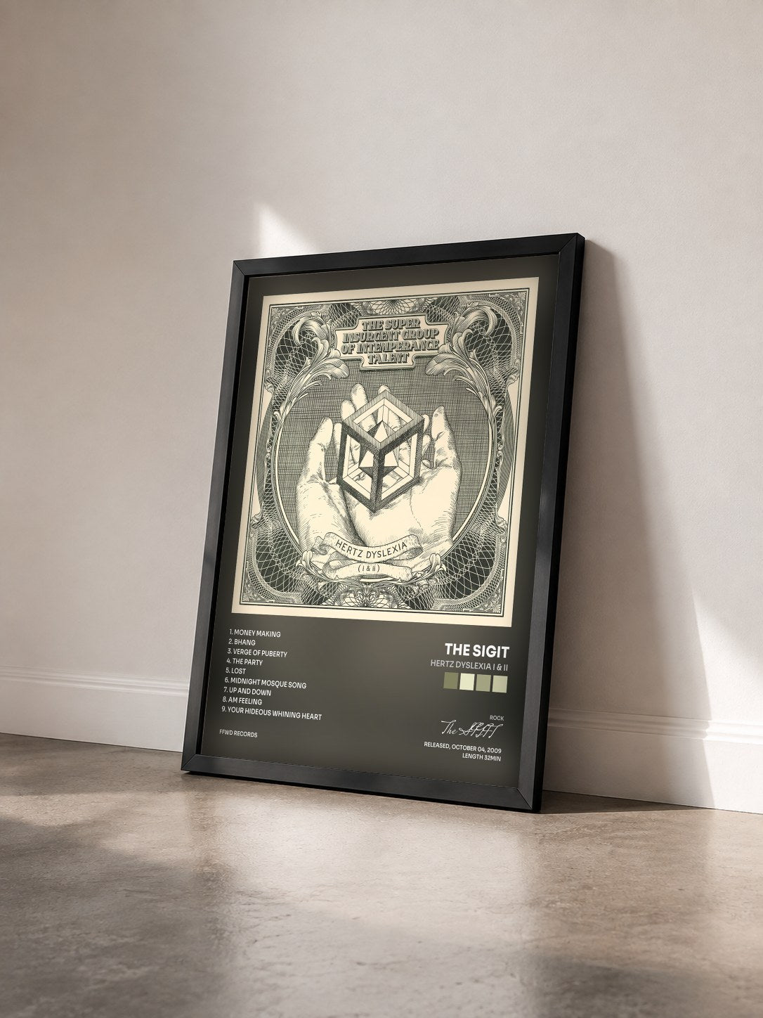 #noir Tableau de l'album Hertz Dyslexia I & II de The SIGIT vu de trois quarts, cadre noir