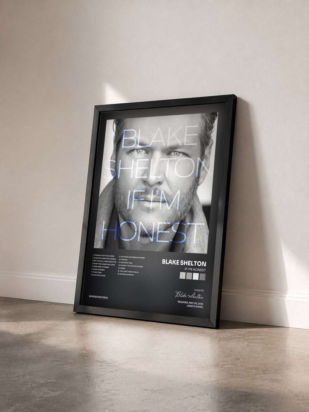 #noir Tableau de l'album If I'm Honest de Blake Shelton vu de trois quarts, cadre noir