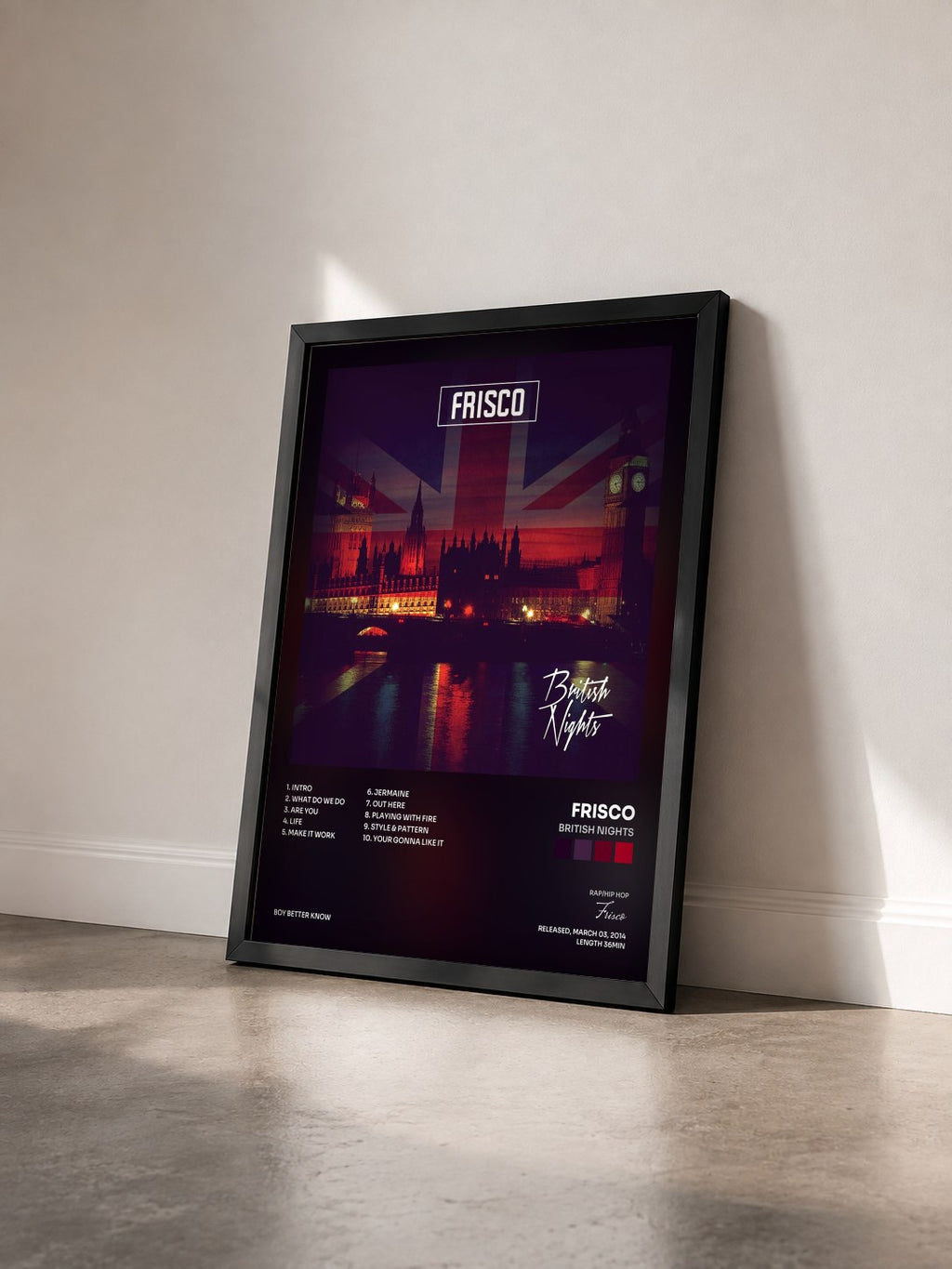 #noir Tableau de l'album British Nights de Frisco vu de trois quarts, cadre noir