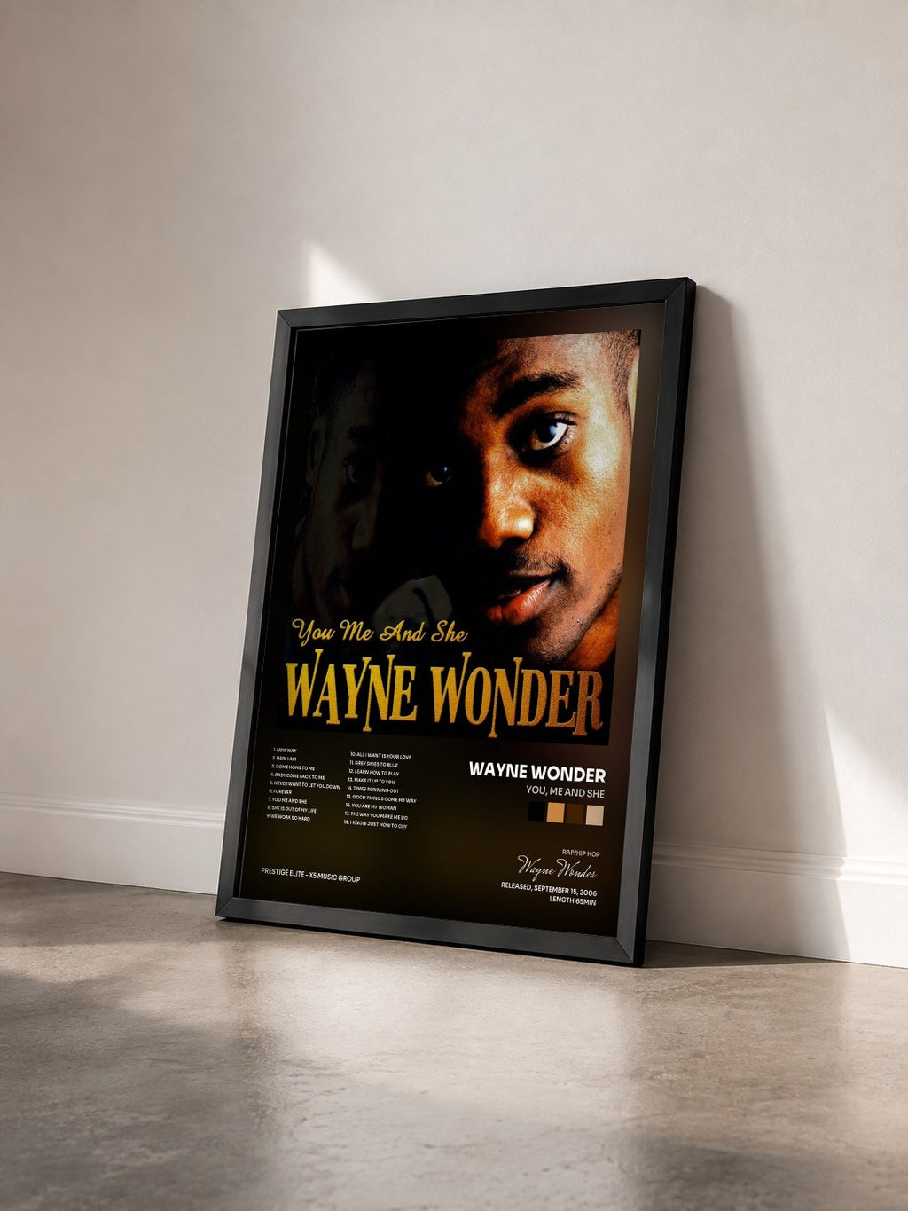 #noir Tableau de l'album You, Me And She de Wayne Wonder vu de trois quarts, cadre noir