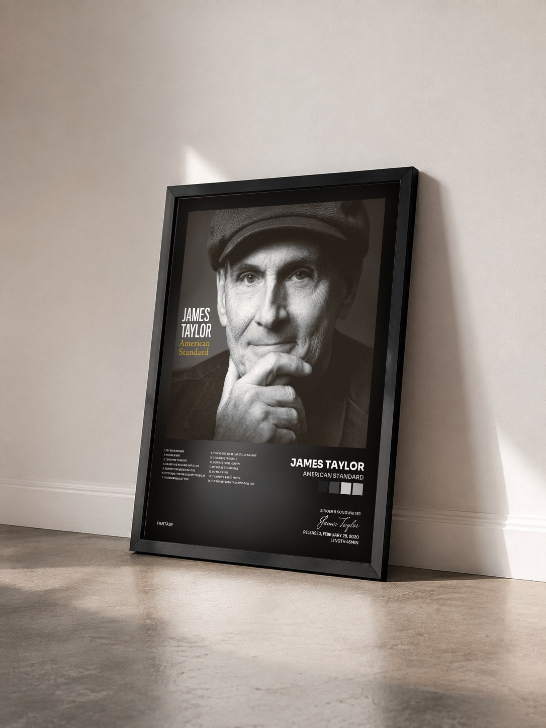 #noir Tableau de l'album American Standard de James Taylor vu de trois quarts, cadre noir