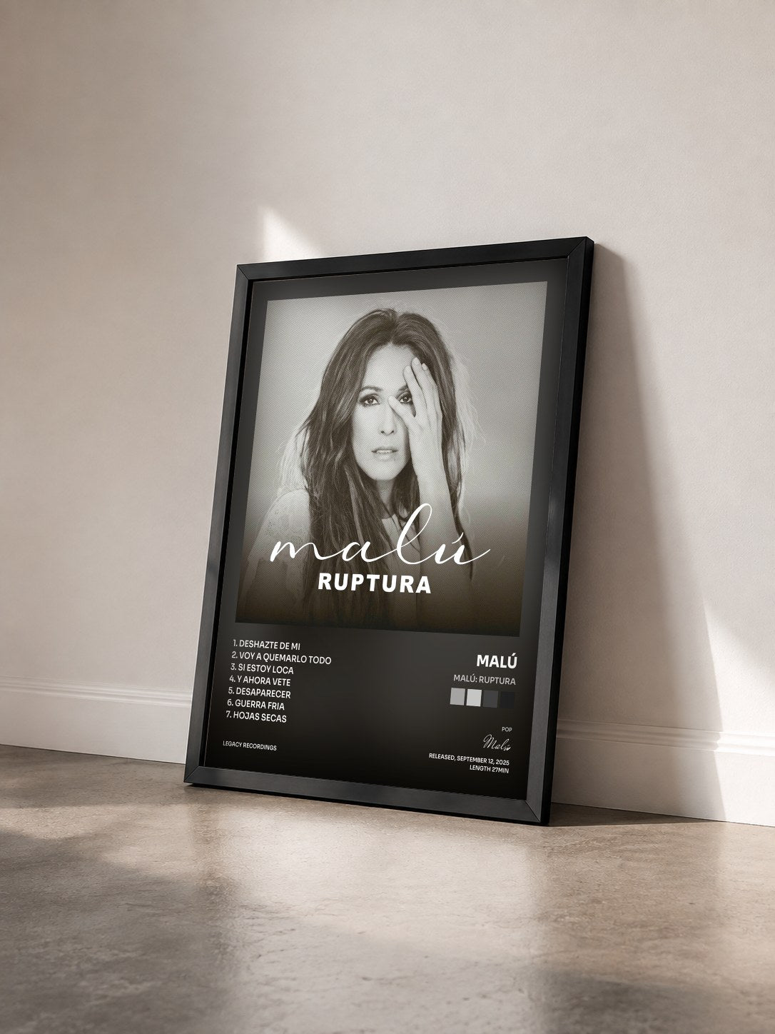 #noir Tableau de l'album Malú: ruptura de Malú vu de trois quarts, cadre noir