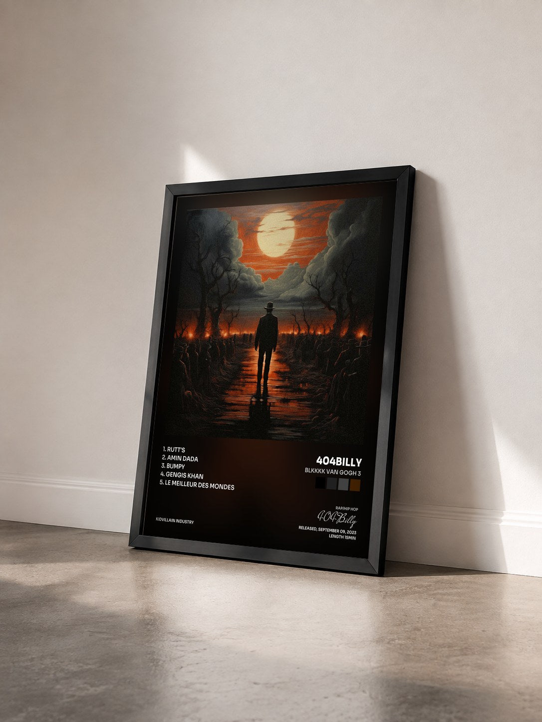#noir Tableau de l'album BLKKKK VAN GOGH 3 de 404Billy vu de trois quarts, cadre noir