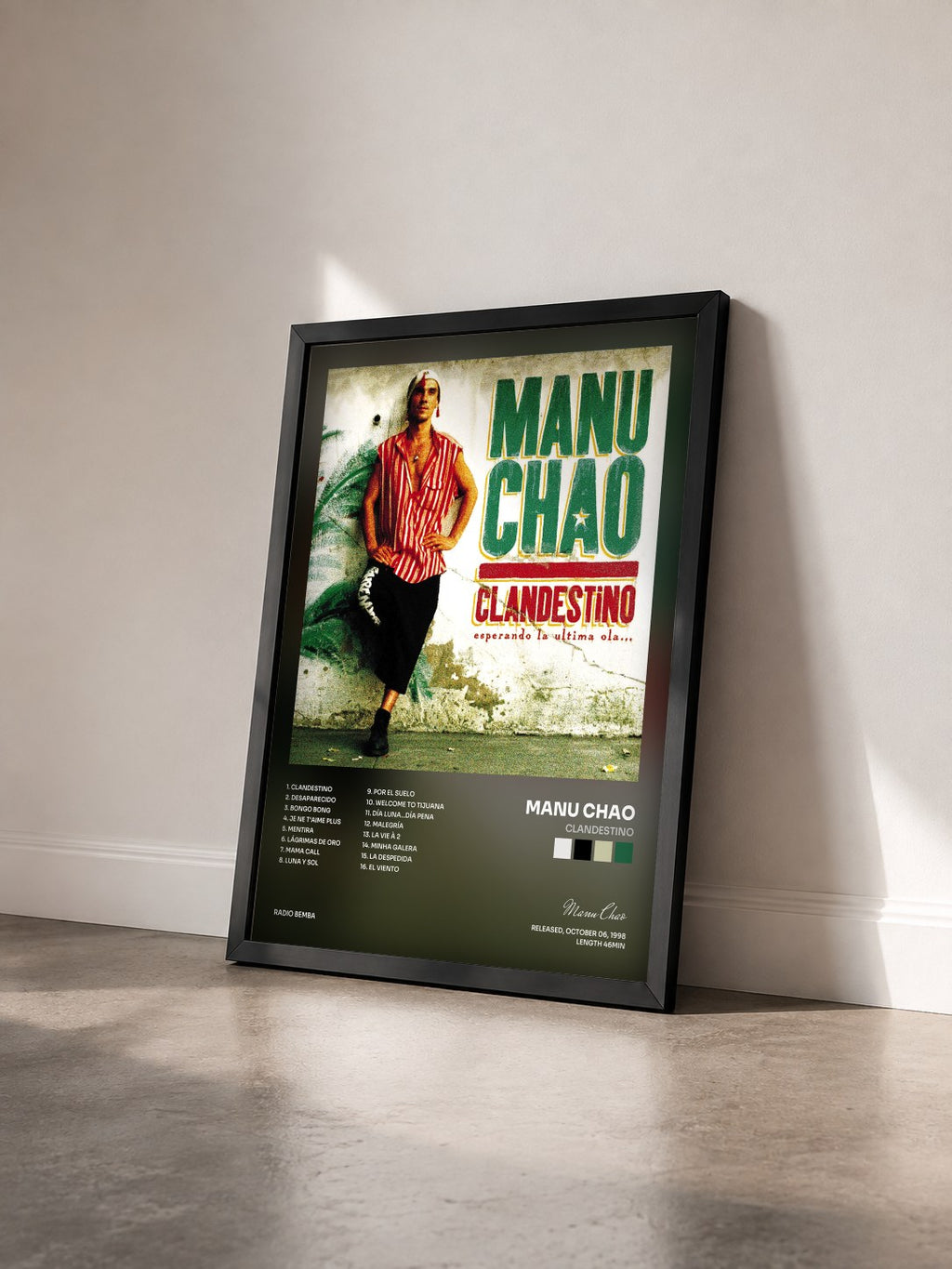 #noir Tableau de l'album Clandestino de Manu Chao vu de trois quarts, cadre noir