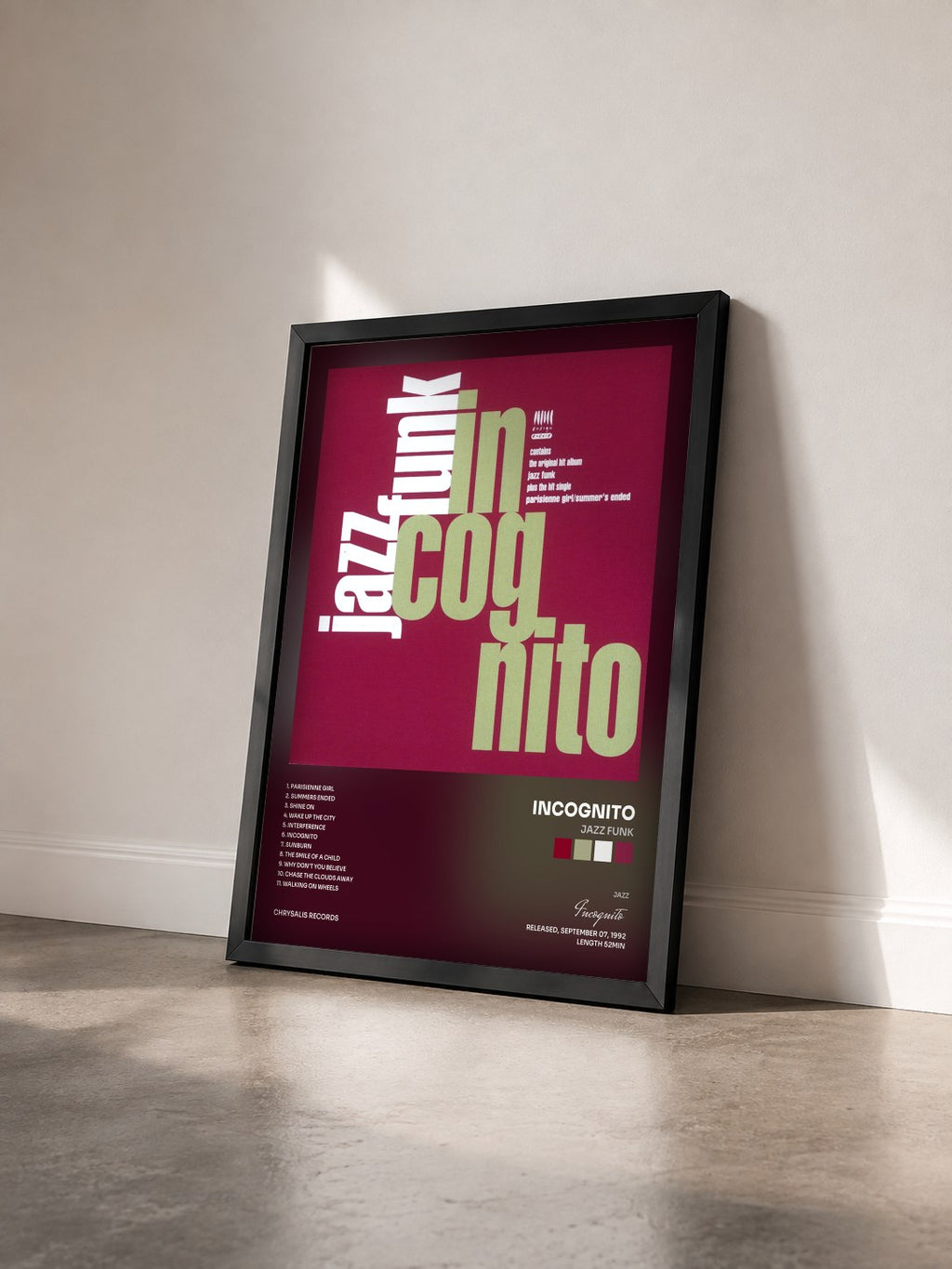 #noir Tableau de l'album Jazz Funk de Incognito vu de trois quarts, cadre noir