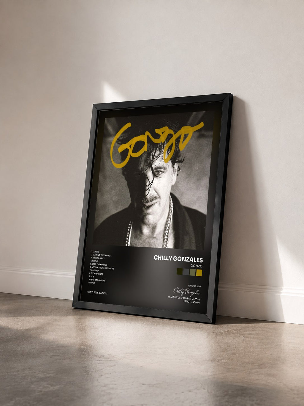 #noir Tableau de l'album Gonzo de Chilly Gonzales vu de trois quarts, cadre noir