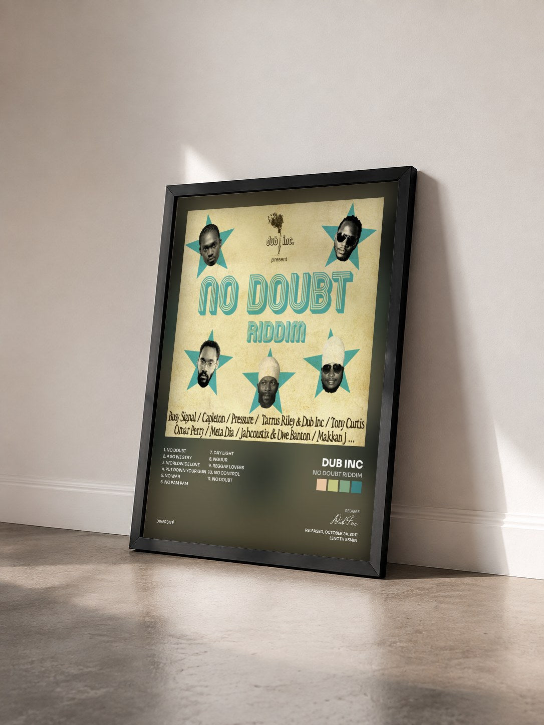 #noir Tableau de l'album No Doubt Riddim de Dub Inc vu de trois quarts, cadre noir