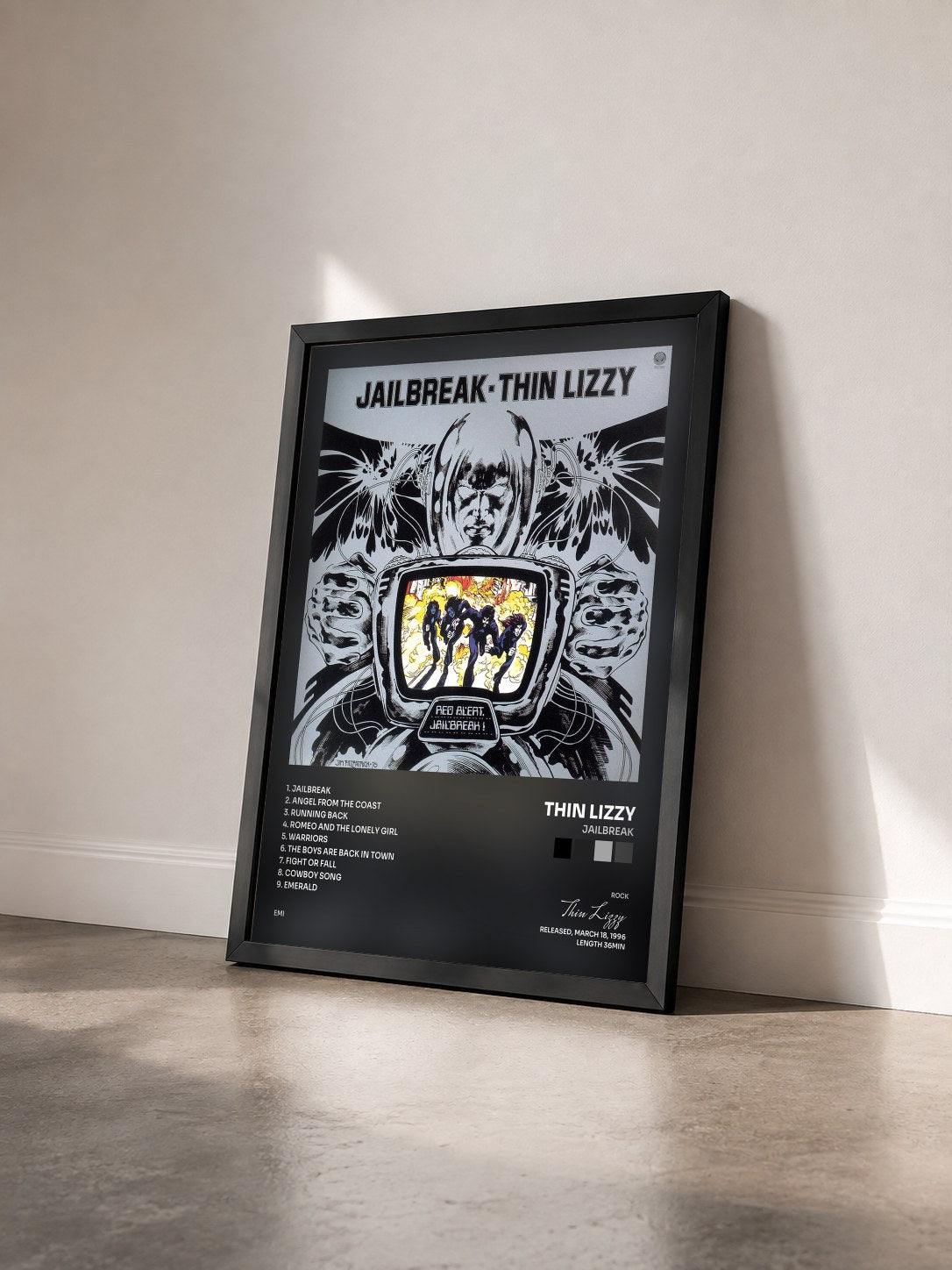 #noir Tableau de l'album Jailbreak de Thin Lizzy vu de trois quarts, cadre noir
