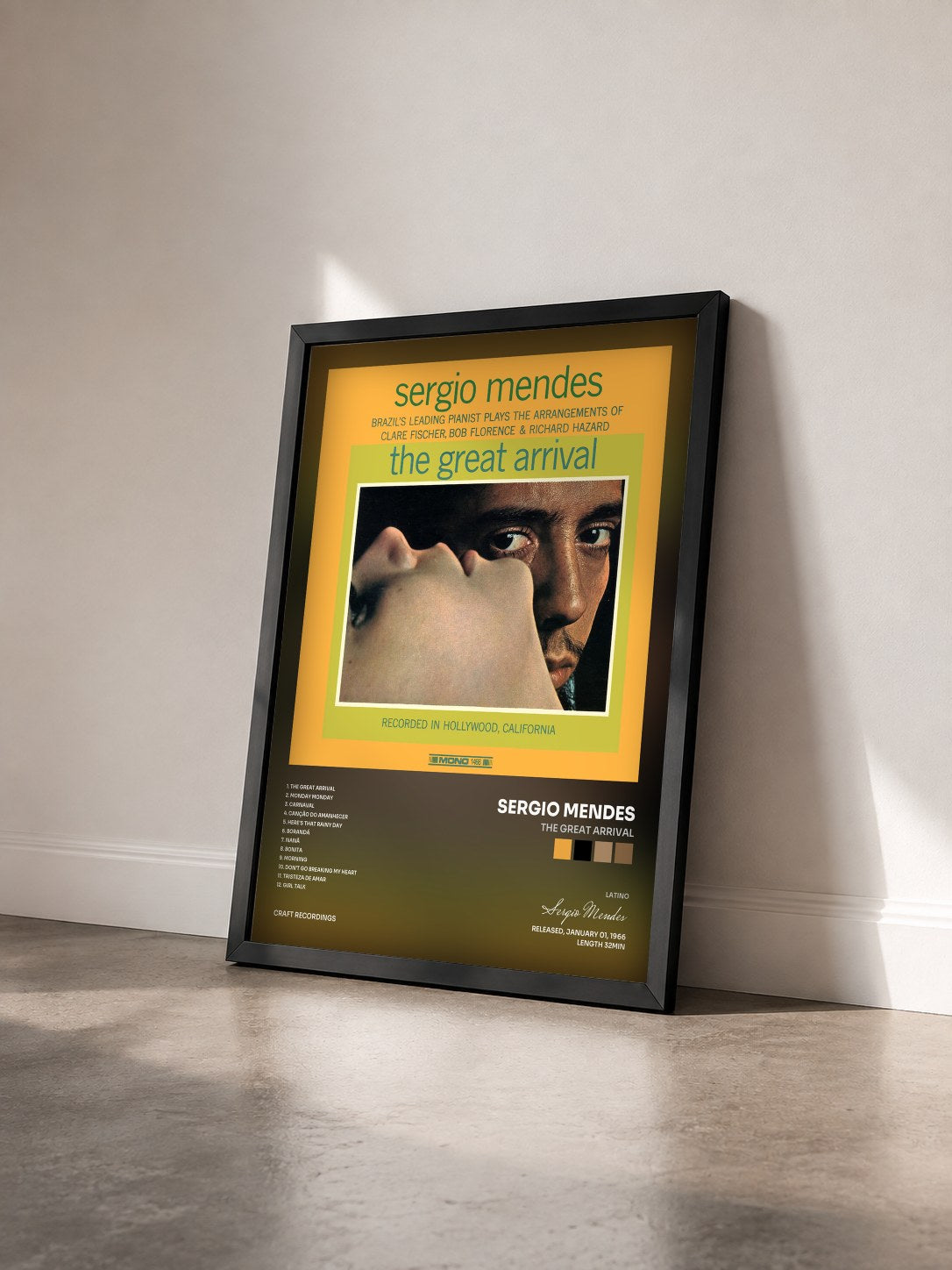 #noir Tableau de l'album The Great Arrival de Sergio Mendes vu de trois quarts, cadre noir