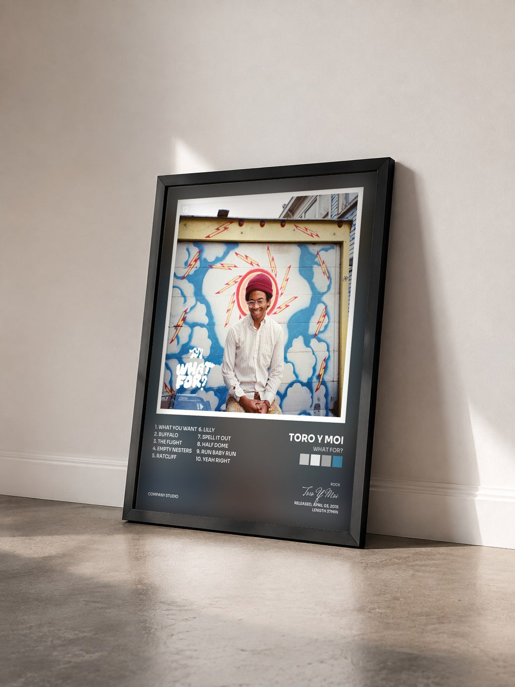 #noir Tableau de l'album What For? de Toro Y Moi vu de trois quarts, cadre noir