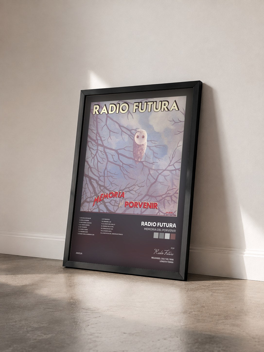#noir Tableau de l'album Memoria Del Porvenir de Radio Futura vu de trois quarts, cadre noir