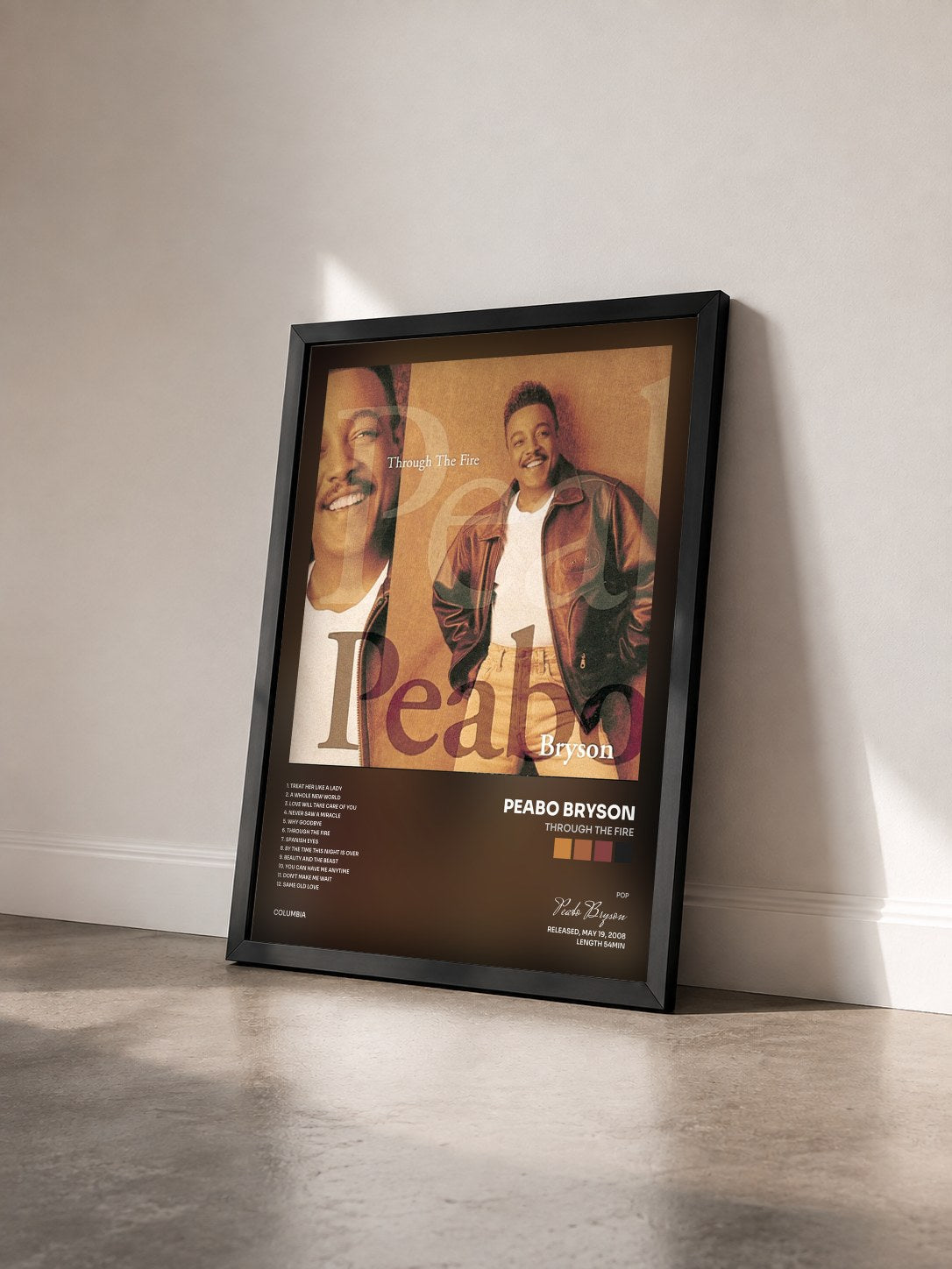 #noir Tableau de l'album Through The Fire de Peabo Bryson vu de trois quarts, cadre noir
