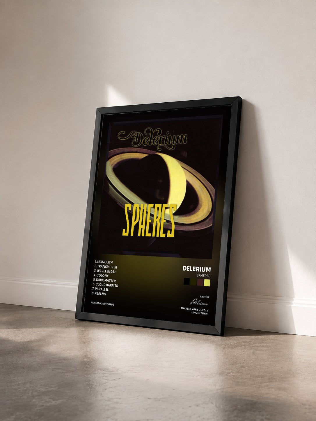#noir Tableau de l'album Spheres de Delerium vu de trois quarts, cadre noir