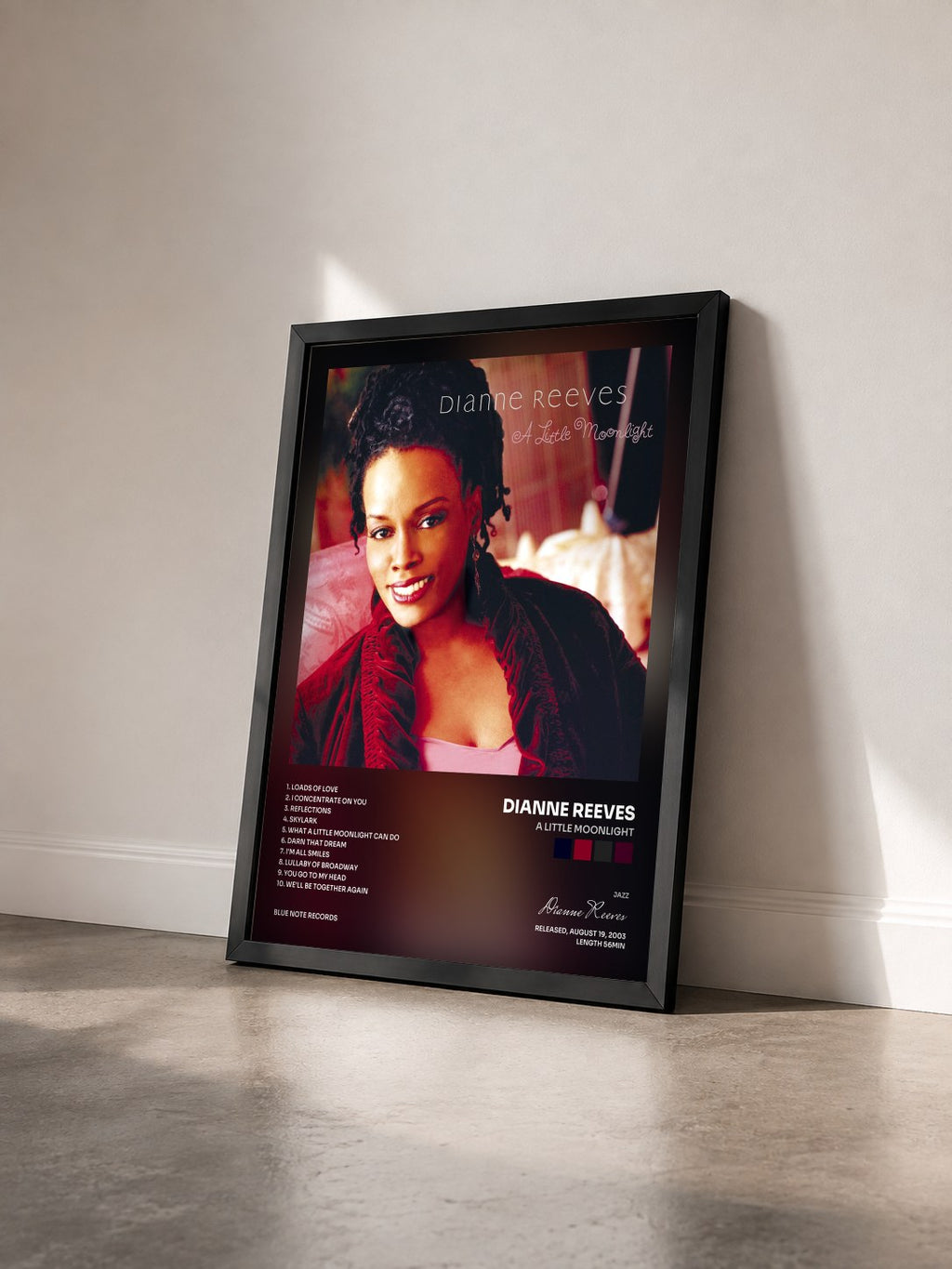 #noir Tableau de l'album A Little Moonlight de Dianne Reeves vu de trois quarts, cadre noir
