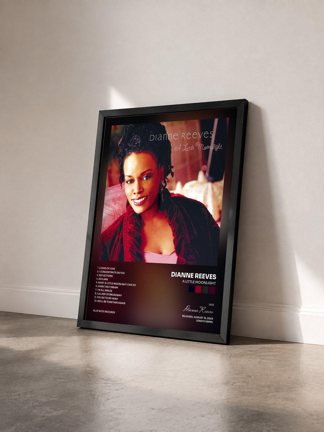 #noir Tableau de l'album A Little Moonlight de Dianne Reeves vu de trois quarts, cadre noir
