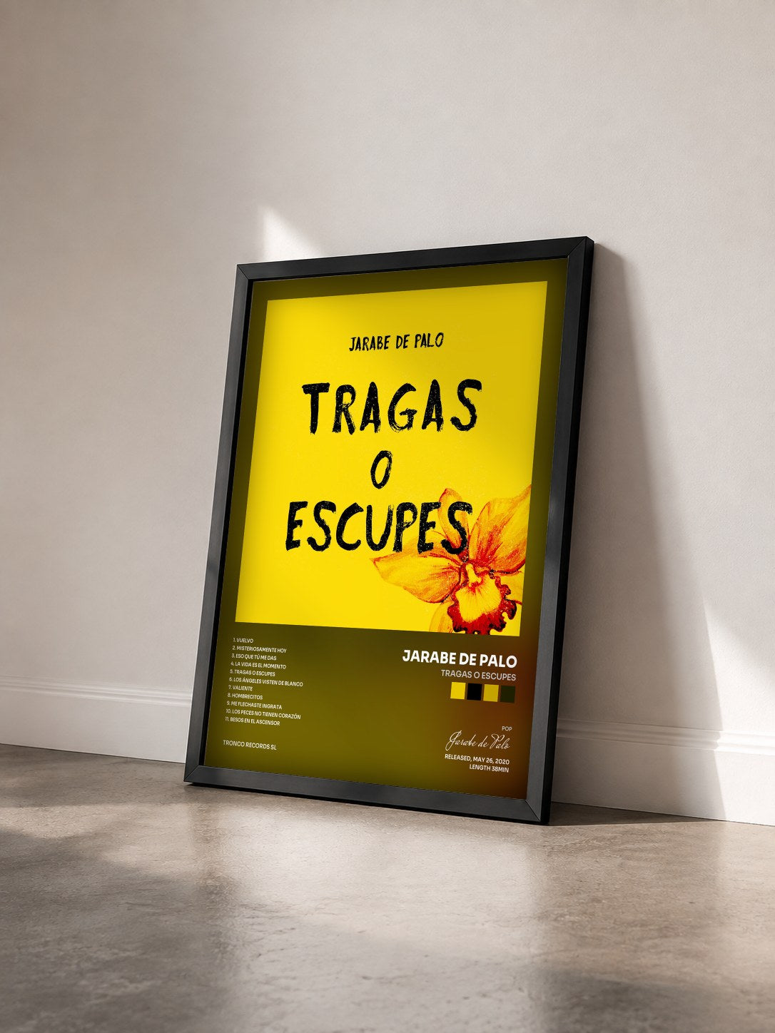 #noir Tableau de l'album Tragas o Escupes de Jarabe de Palo vu de trois quarts, cadre noir