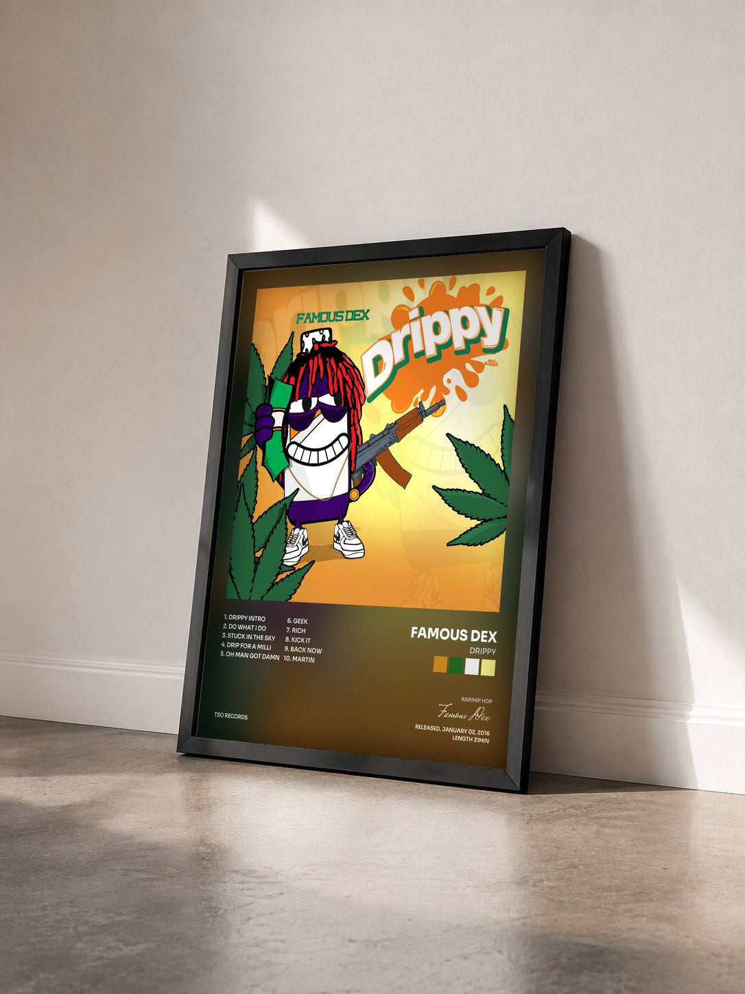 #noir Tableau de l'album Drippy de Famous Dex vu de trois quarts, cadre noir