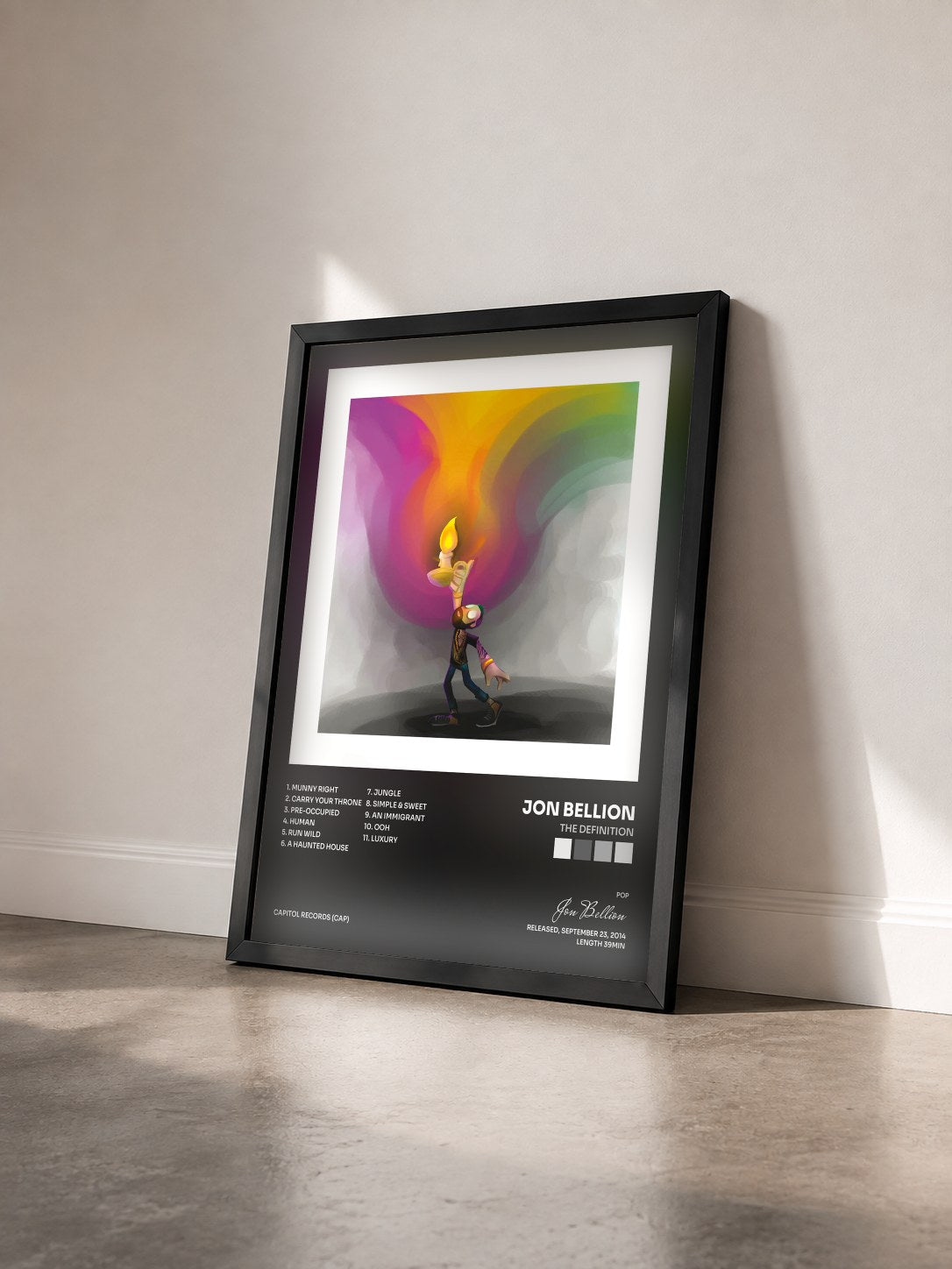 #noir Tableau de l'album The Definition de Jon Bellion vu de trois quarts, cadre noir