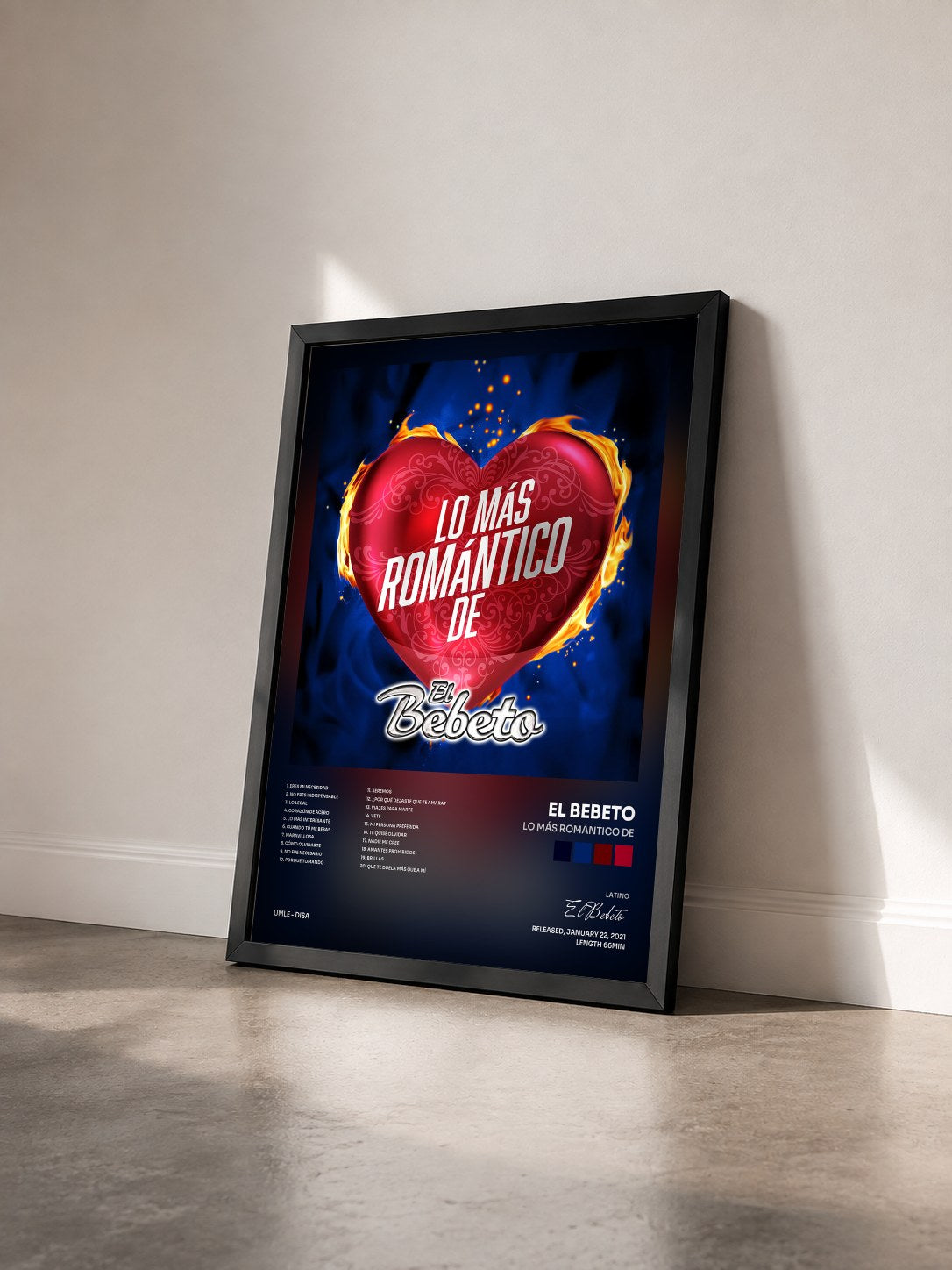 #noir Tableau de l'album Lo Más Romantico De de El Bebeto vu de trois quarts, cadre noir