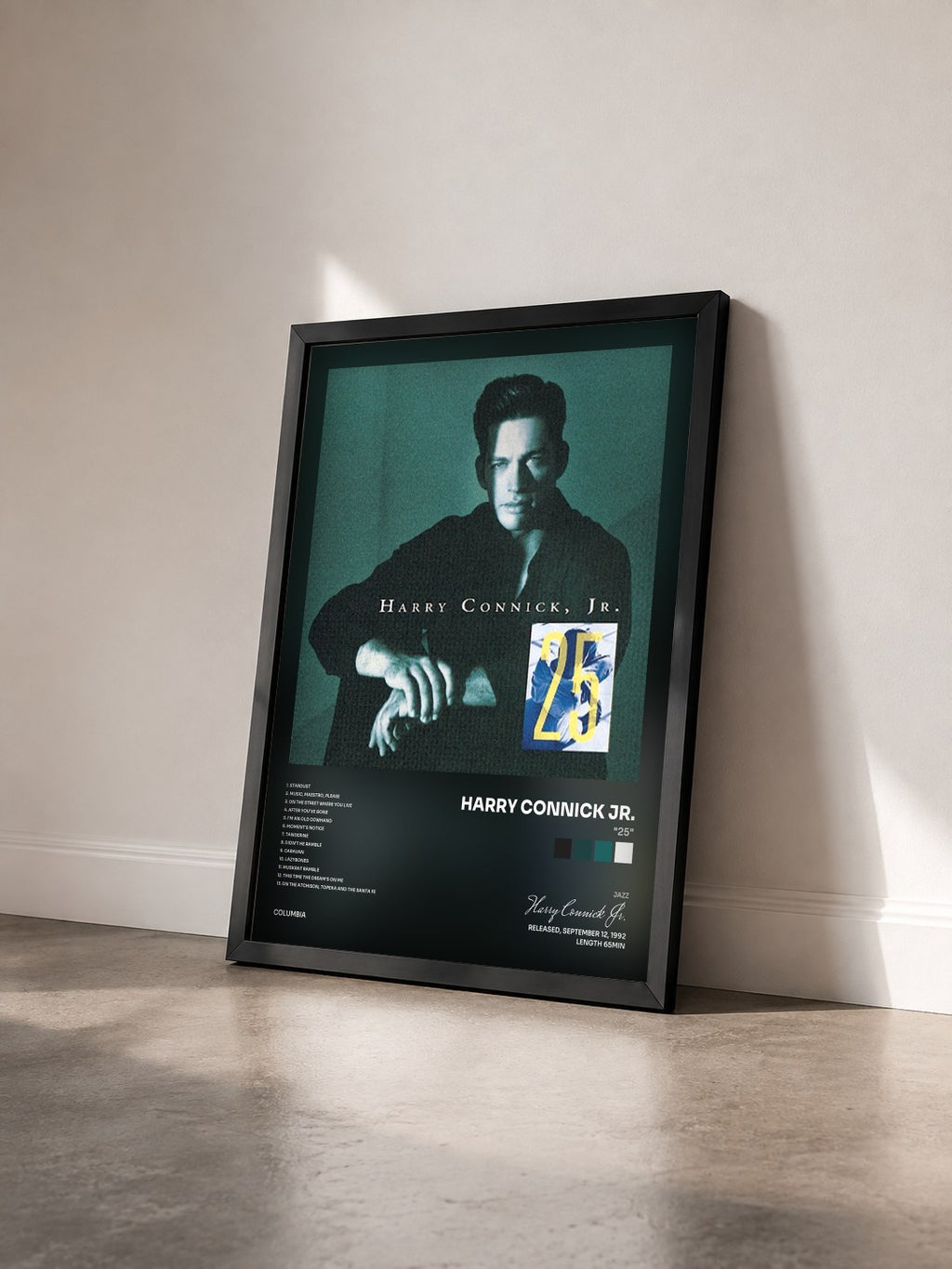 #noir Tableau de l'album "25" de Harry Connick Jr. vu de trois quarts, cadre noir