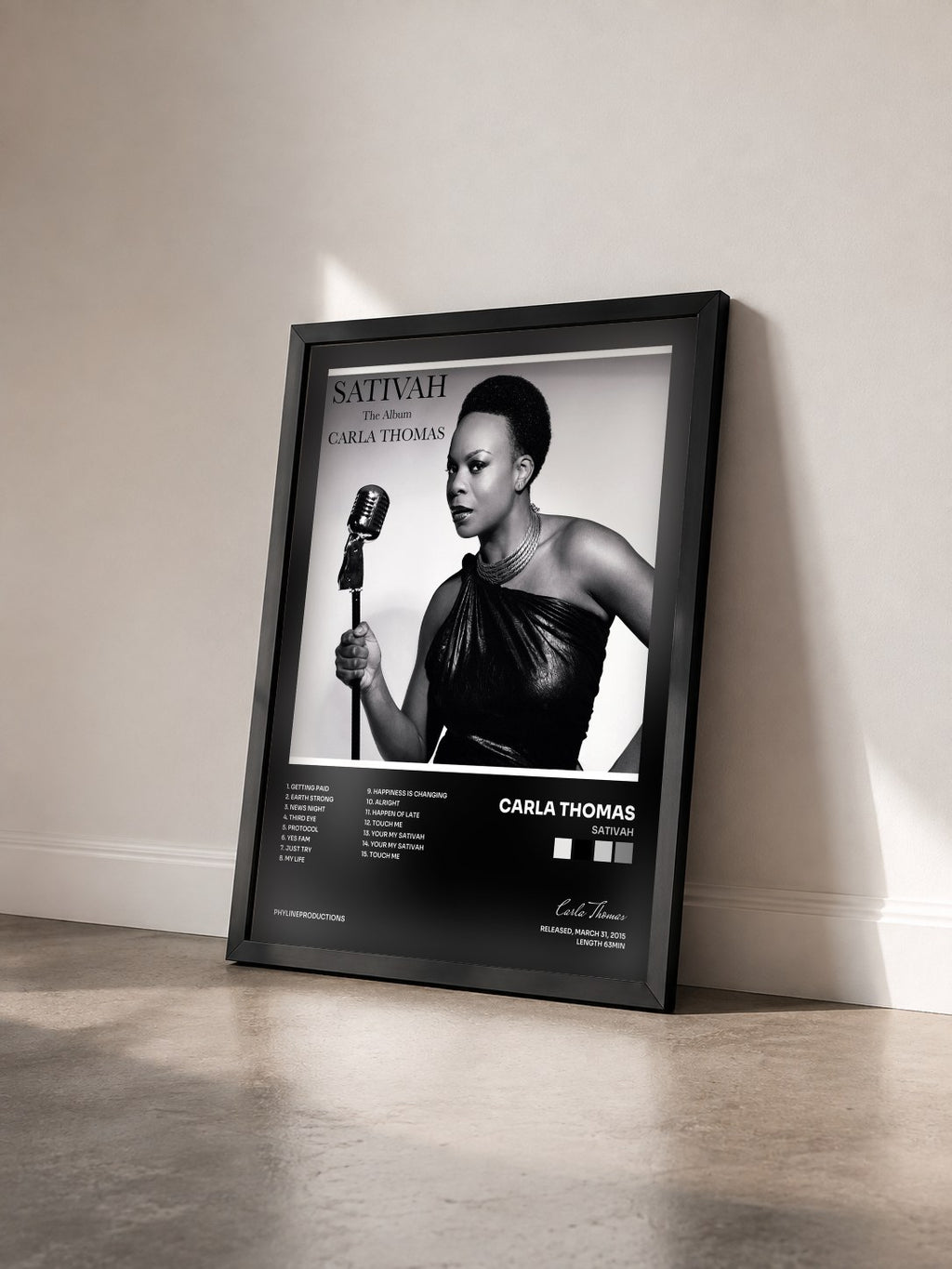 #noir Tableau de l'album Sativah de Carla Thomas vu de trois quarts, cadre noir