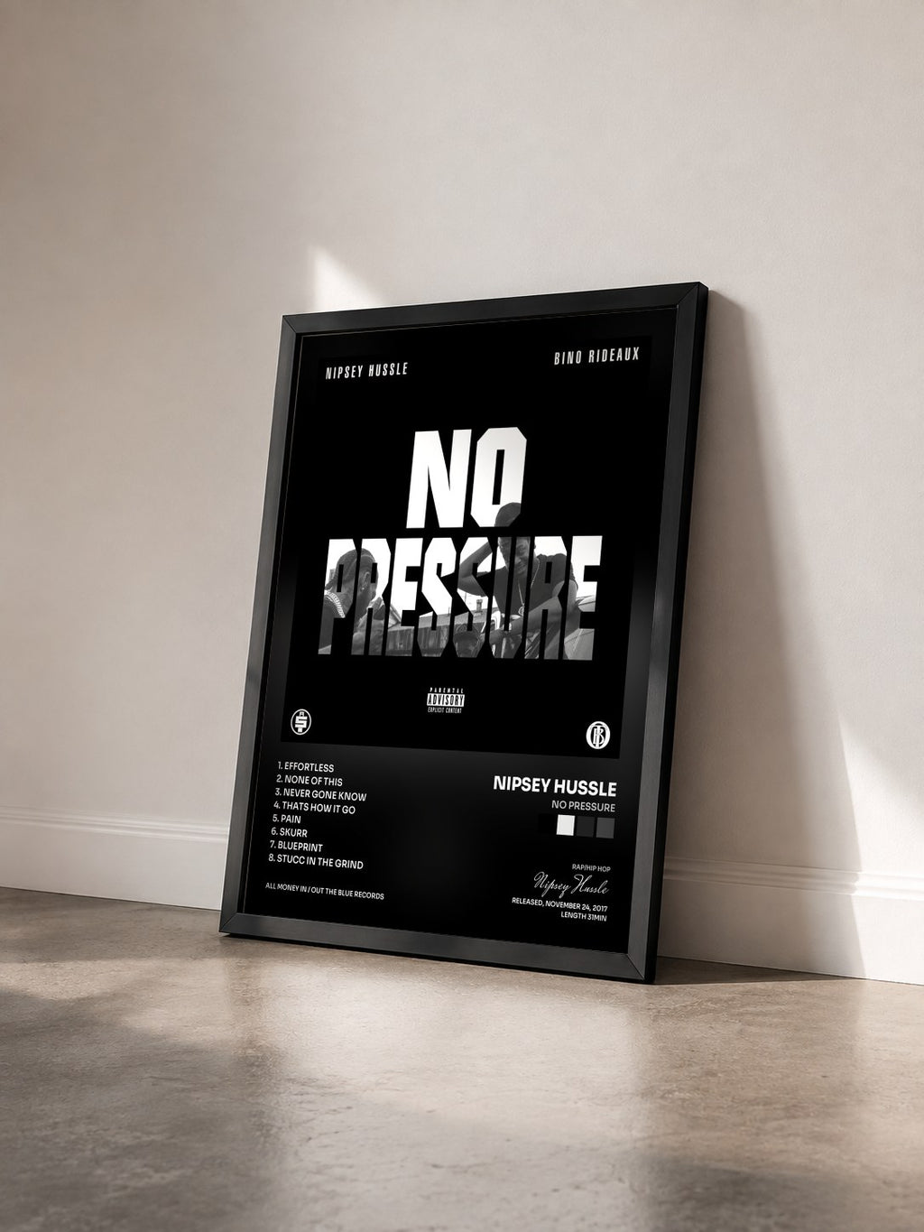 #noir Tableau de l'album No Pressure de Nipsey Hussle vu de trois quarts, cadre noir