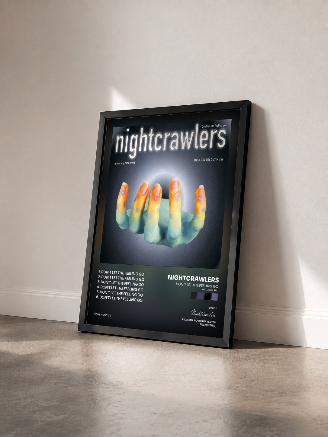 #noir Tableau de l'album Don't Let the Feeling Go (feat. John Reid) de Nightcrawlers vu de trois quarts, cadre noir