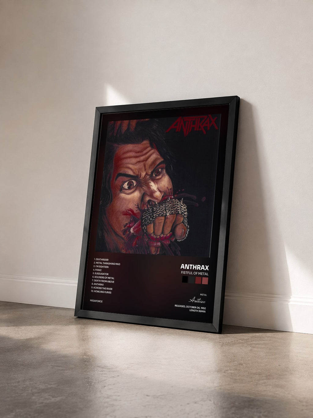 #noir Tableau de l'album Fistful of Metal de Anthrax vu de trois quarts, cadre noir