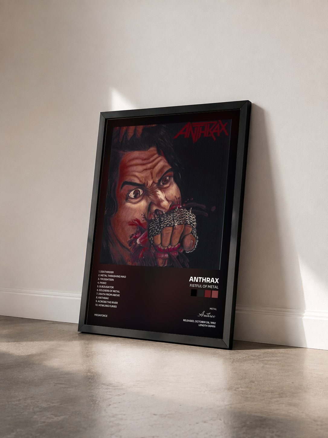 #noir Tableau de l'album Fistful of Metal de Anthrax vu de trois quarts, cadre noir