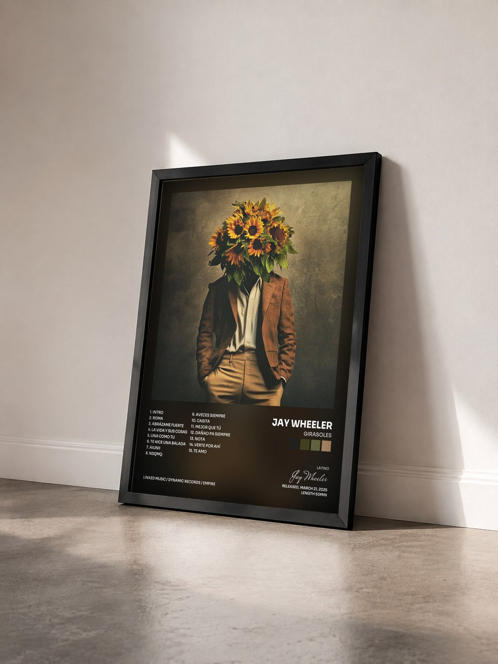 #noir Tableau de l'album GIRASOLES de Jay Wheeler vu de trois quarts, cadre noir