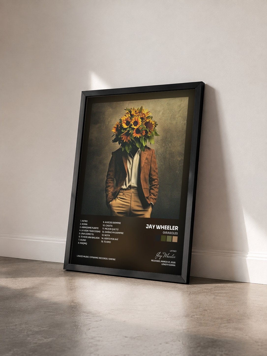 #noir Tableau de l'album GIRASOLES de Jay Wheeler vu de trois quarts, cadre noir