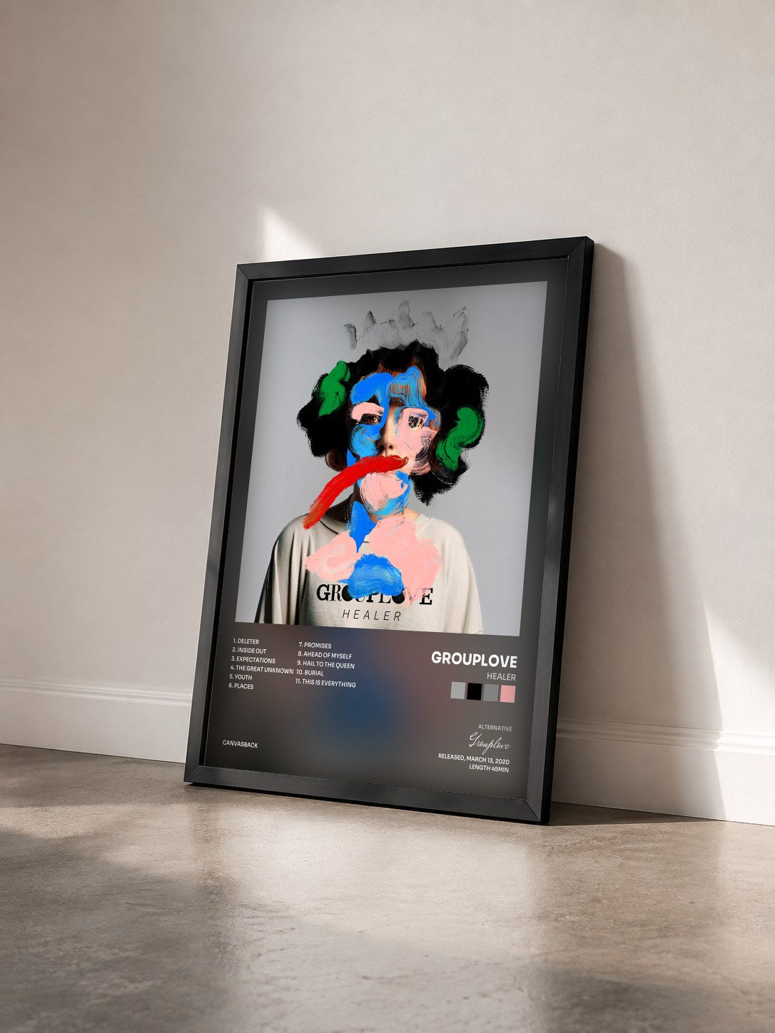 #noir Tableau de l'album Healer de Grouplove vu de trois quarts, cadre noir