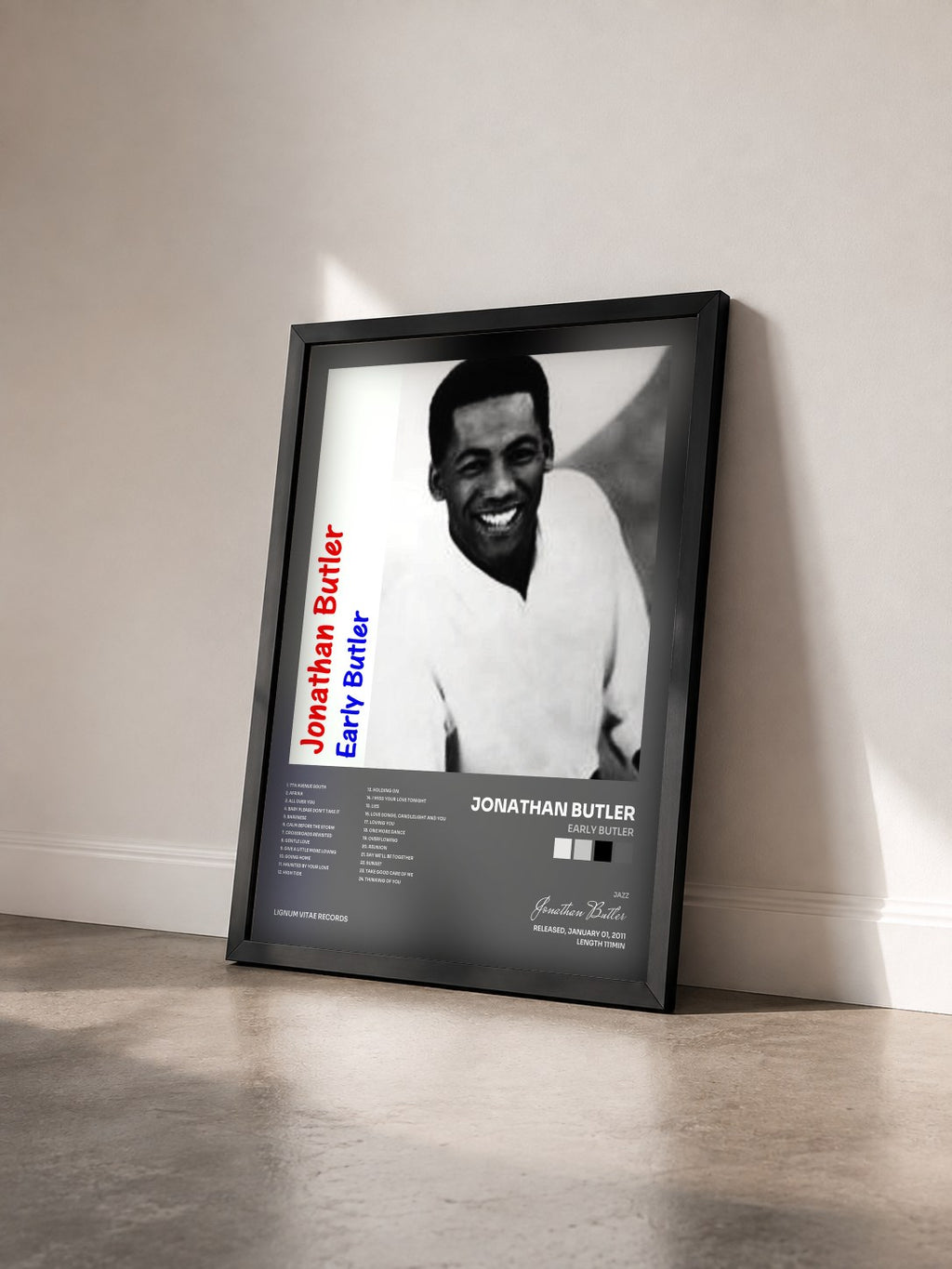 #noir Tableau de l'album Early Butler de Jonathan Butler vu de trois quarts, cadre noir