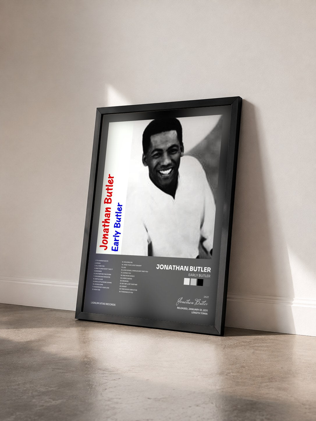 #noir Tableau de l'album Early Butler de Jonathan Butler vu de trois quarts, cadre noir