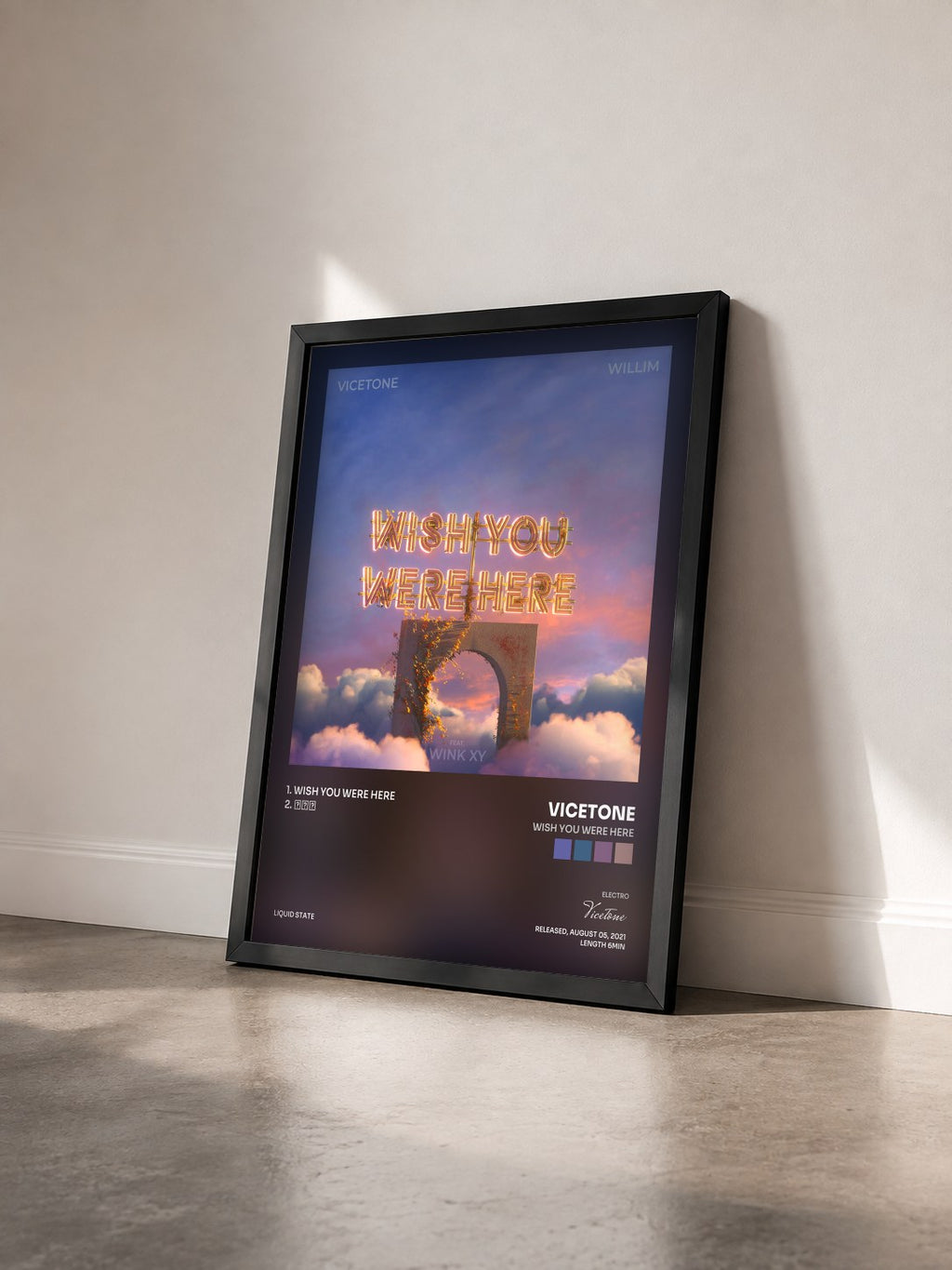 #noir Tableau de l'album Wish You Were Here de Vicetone vu de trois quarts, cadre noir