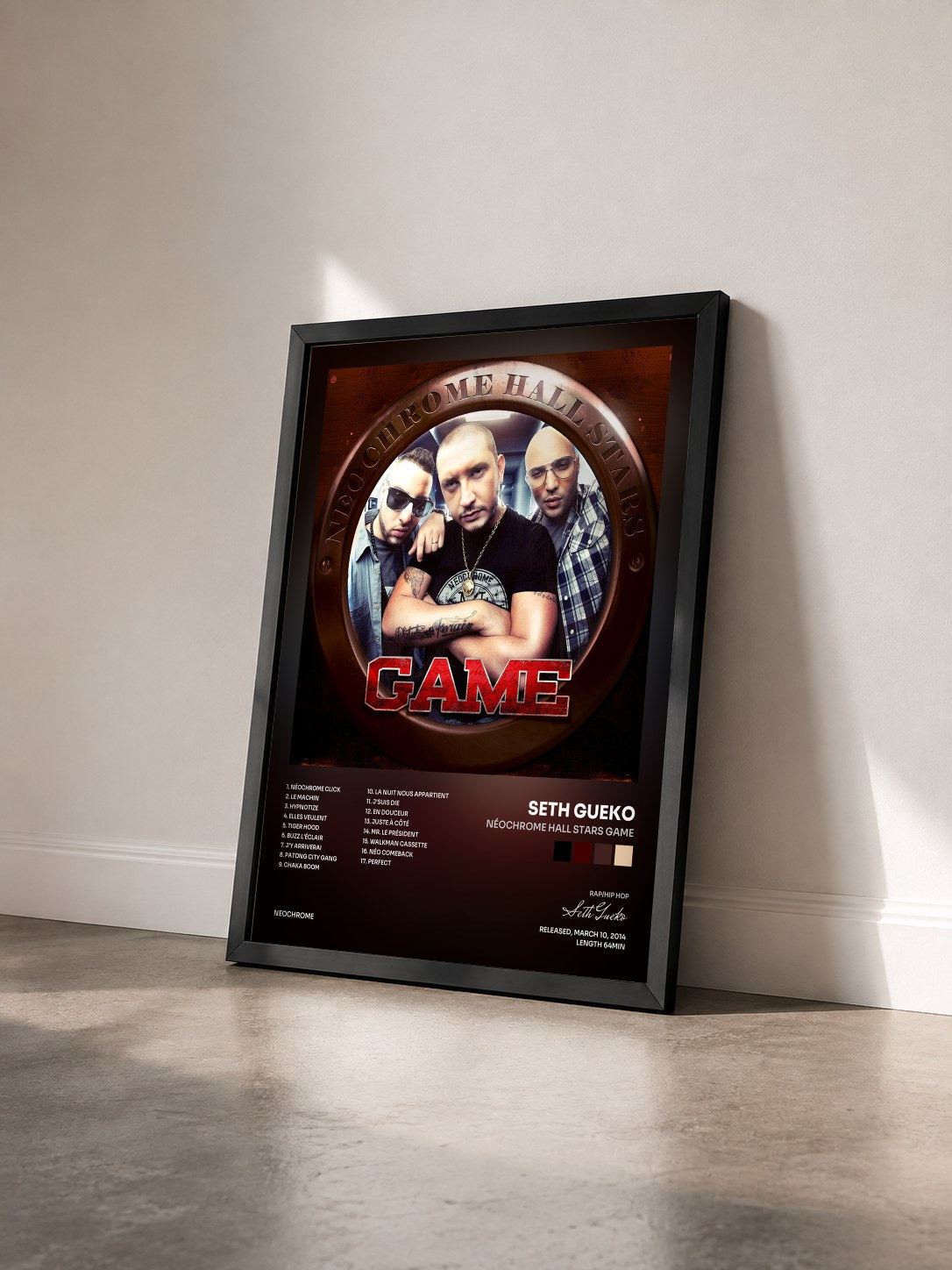 #noir Tableau de l'album Néochrome Hall Stars Game de Seth Gueko vu de trois quarts, cadre noir