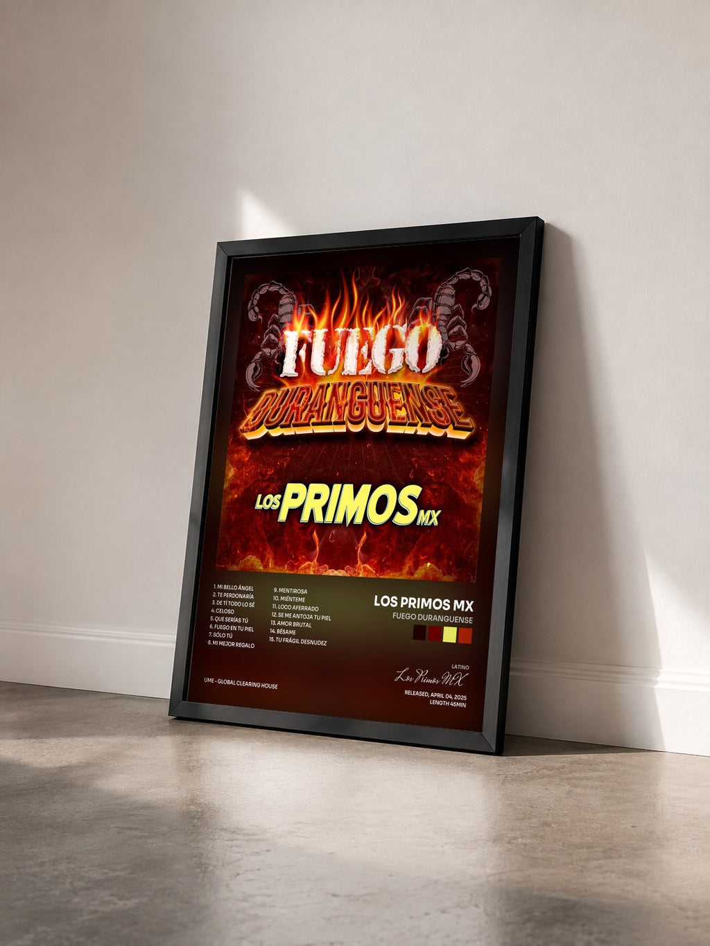 #noir Tableau de l'album Fuego Duranguense de Los Primos MX vu de trois quarts, cadre noir