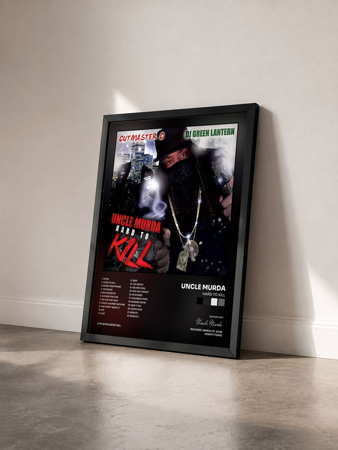 #noir Tableau de l'album Hard to Kill de Uncle Murda vu de trois quarts, cadre noir